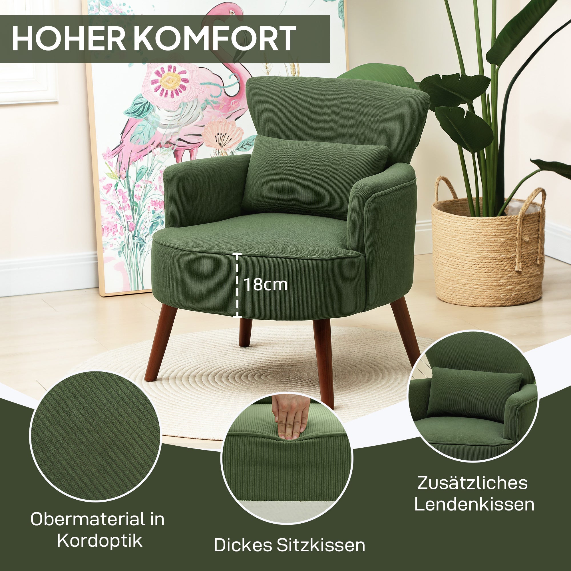 Fauteuil Moderne, Coussin Lombaire, Vert - 7