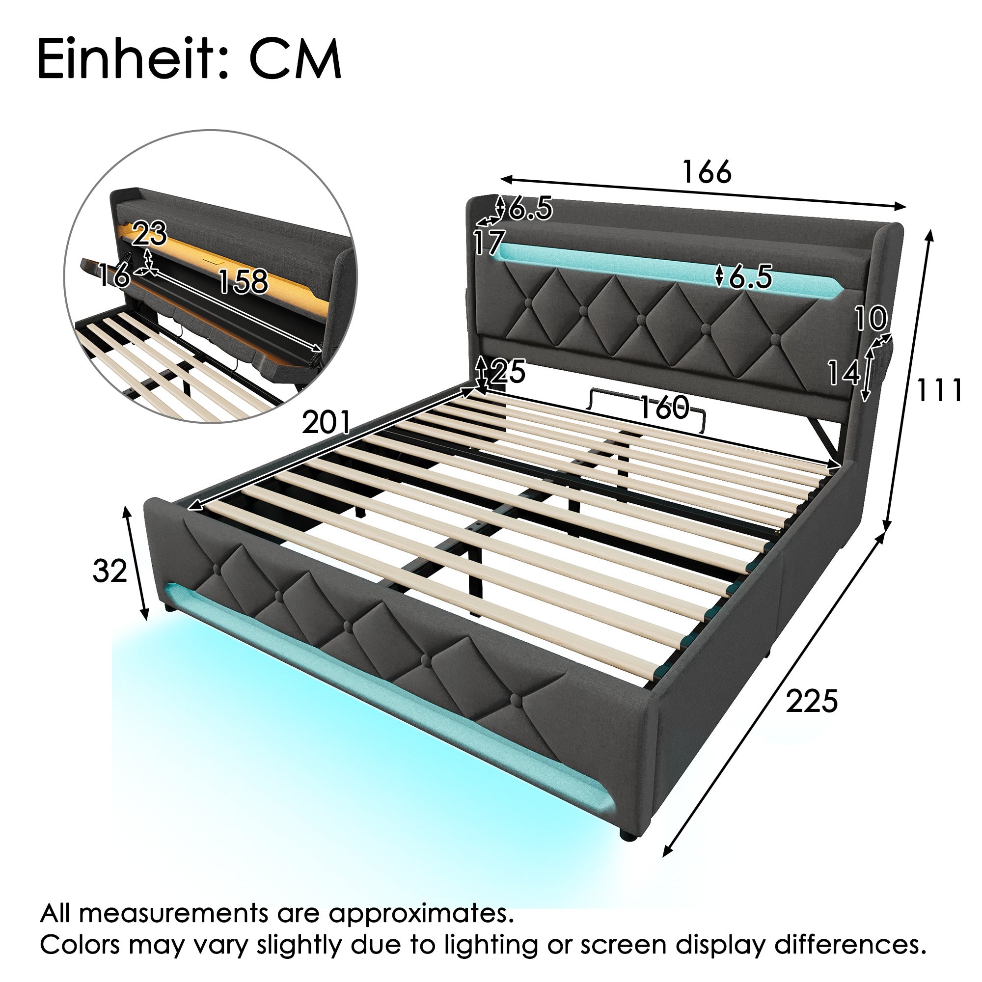 Cama tapizada con almacenamiento 160x200 cm - con LED y puertos USB de carga - tejido de lino - cabecero con espacio de almacenamiento - Gris - 5