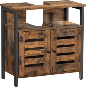 Meuble Sous Lavabo, 60 X 30 X 60 Cm, Avec Cadre Acier, Portes Persiennes, Marron Rustique Et Noir