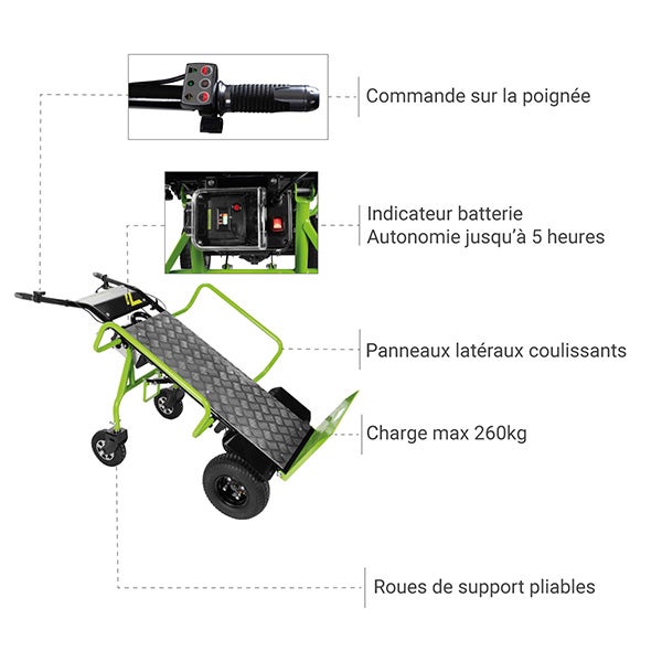 Chariot diable électrique avec grand plateau - Charge 260kg - ZI-ET260 - 3