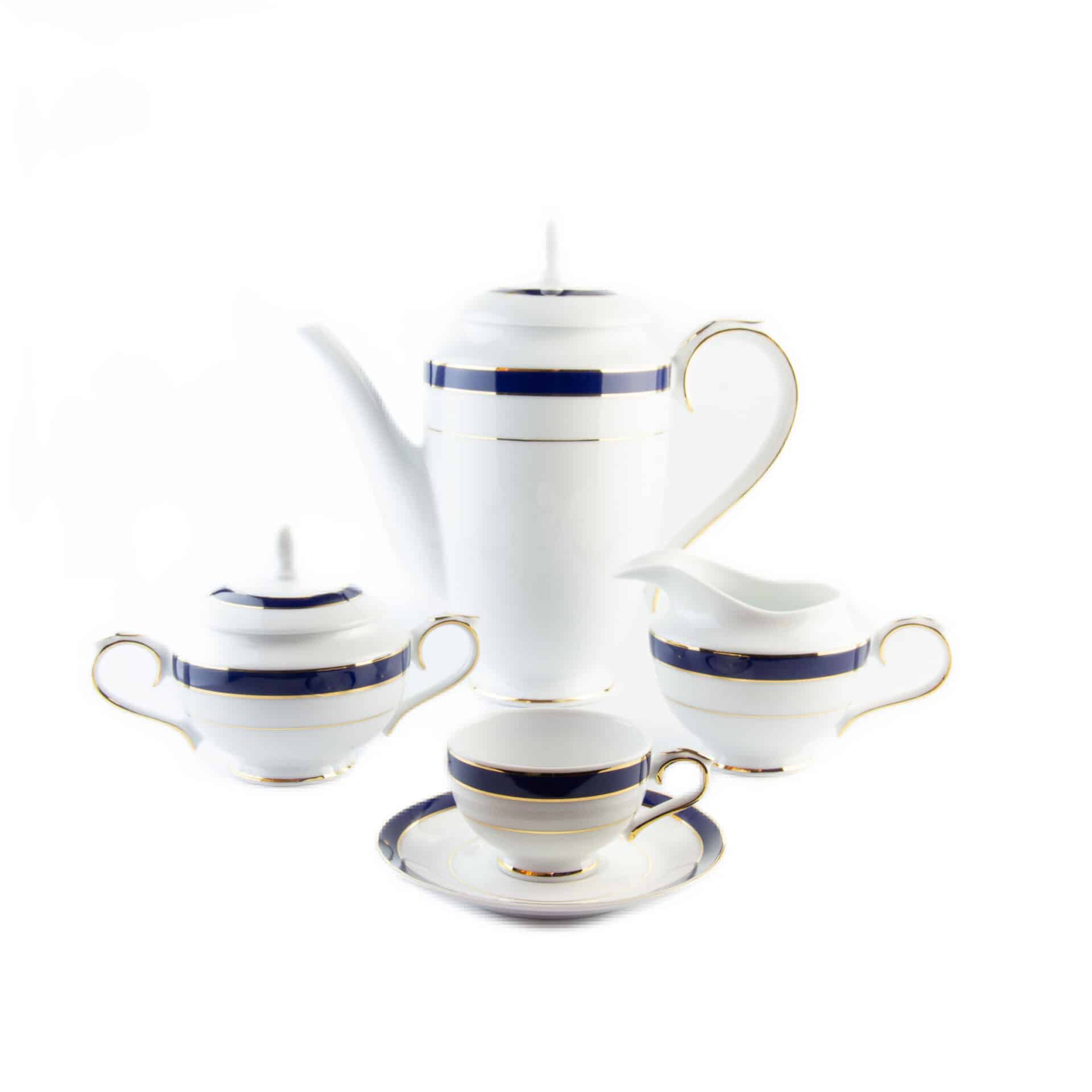 Juego de café de porcelana blanca con filo de oro y azul cobalto (27 piezas) royal blue, 12 tazas de café, 12 platillos para tazas, 1 azucarero, 1