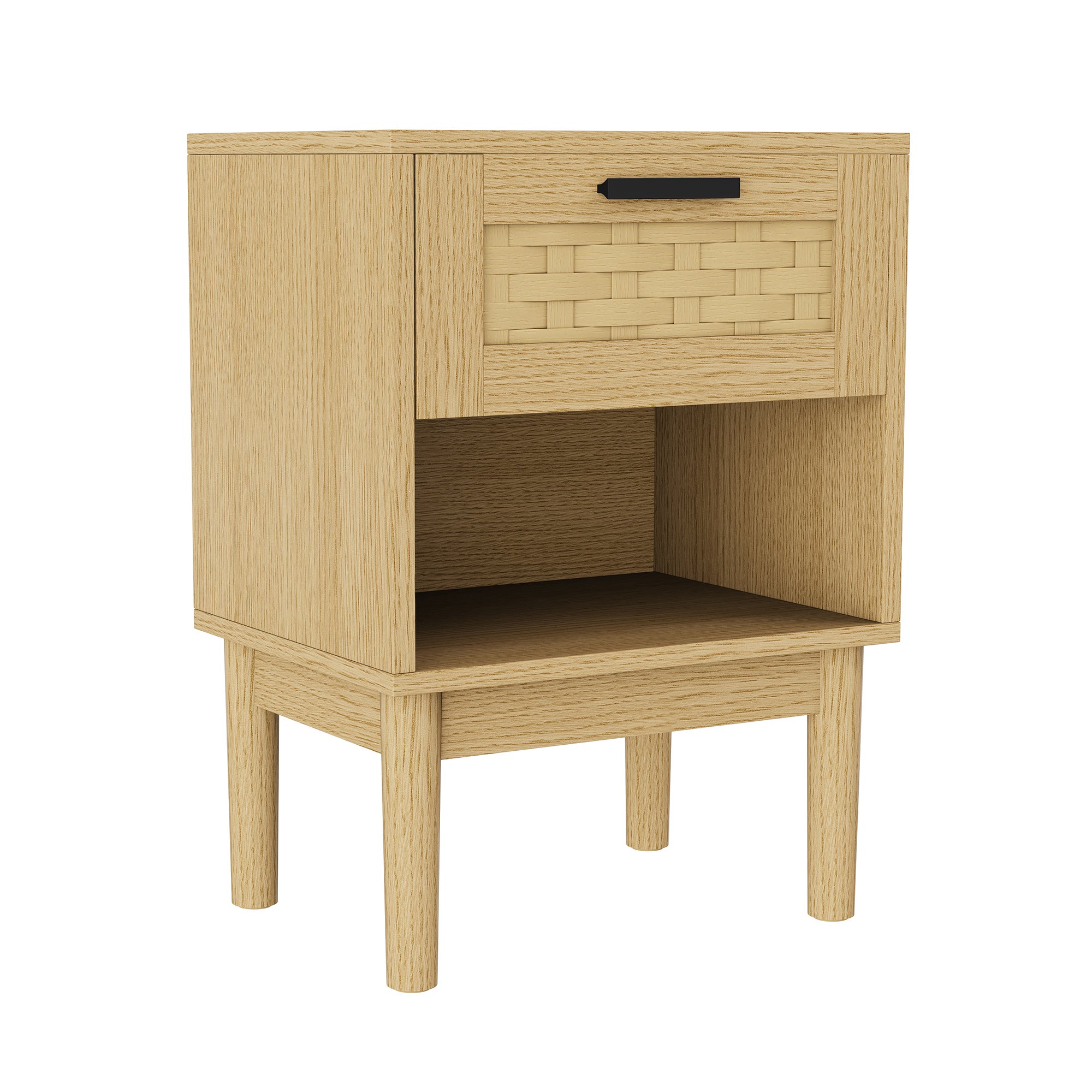 Table de chevet lot de 2, un tiroir, tressage en rotin, poignées en métal, cadre en bois, couleur chêne, table de chevet - 8