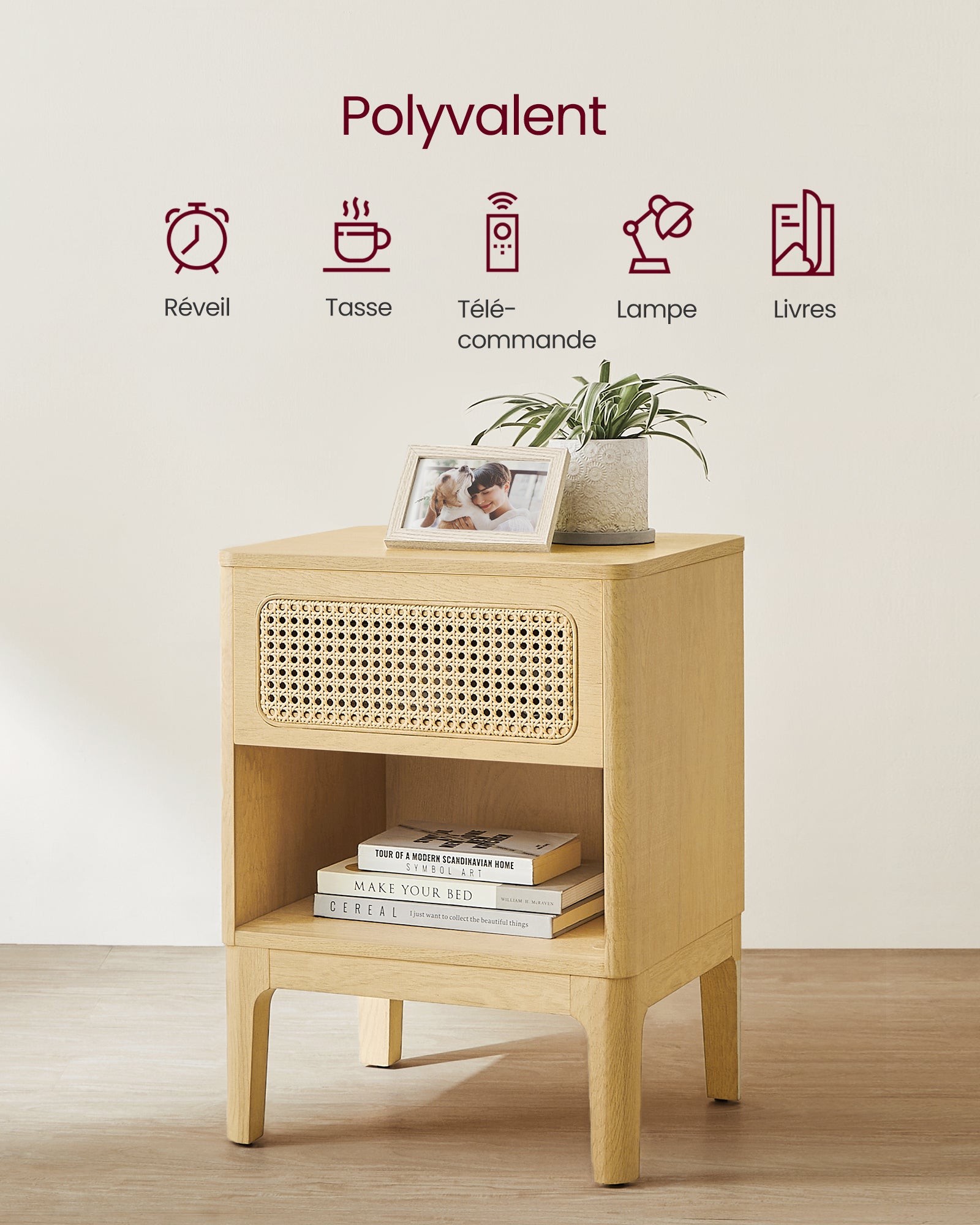 Table de Chevet en Rotin, Table d'Appoint Boho avec Tiroir, Rangement pour Chambre, Couleur Boisée - 4