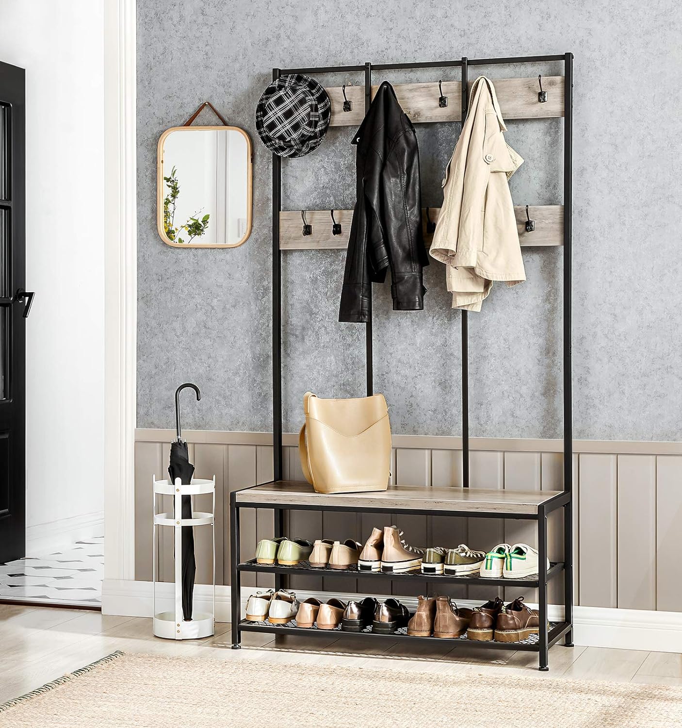 LOEFME Porte-Manteaux Sol 110x150x40 Cm Noir - Charge 20 Kg + Étagère Chaussures