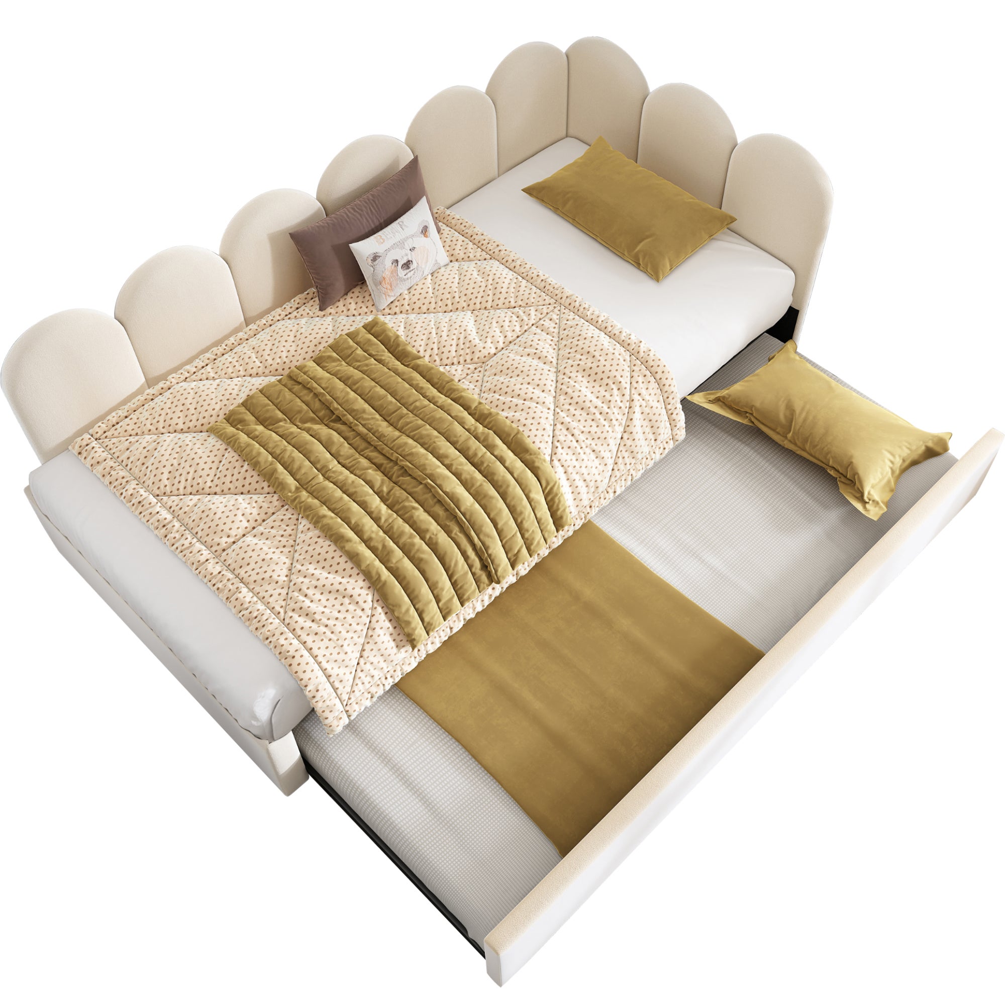 Lit banquette 90x200 cm – canapé-lit avec lit gigogne 90x190 cm, sommier à lattes, revêtement en velours – beige - 9