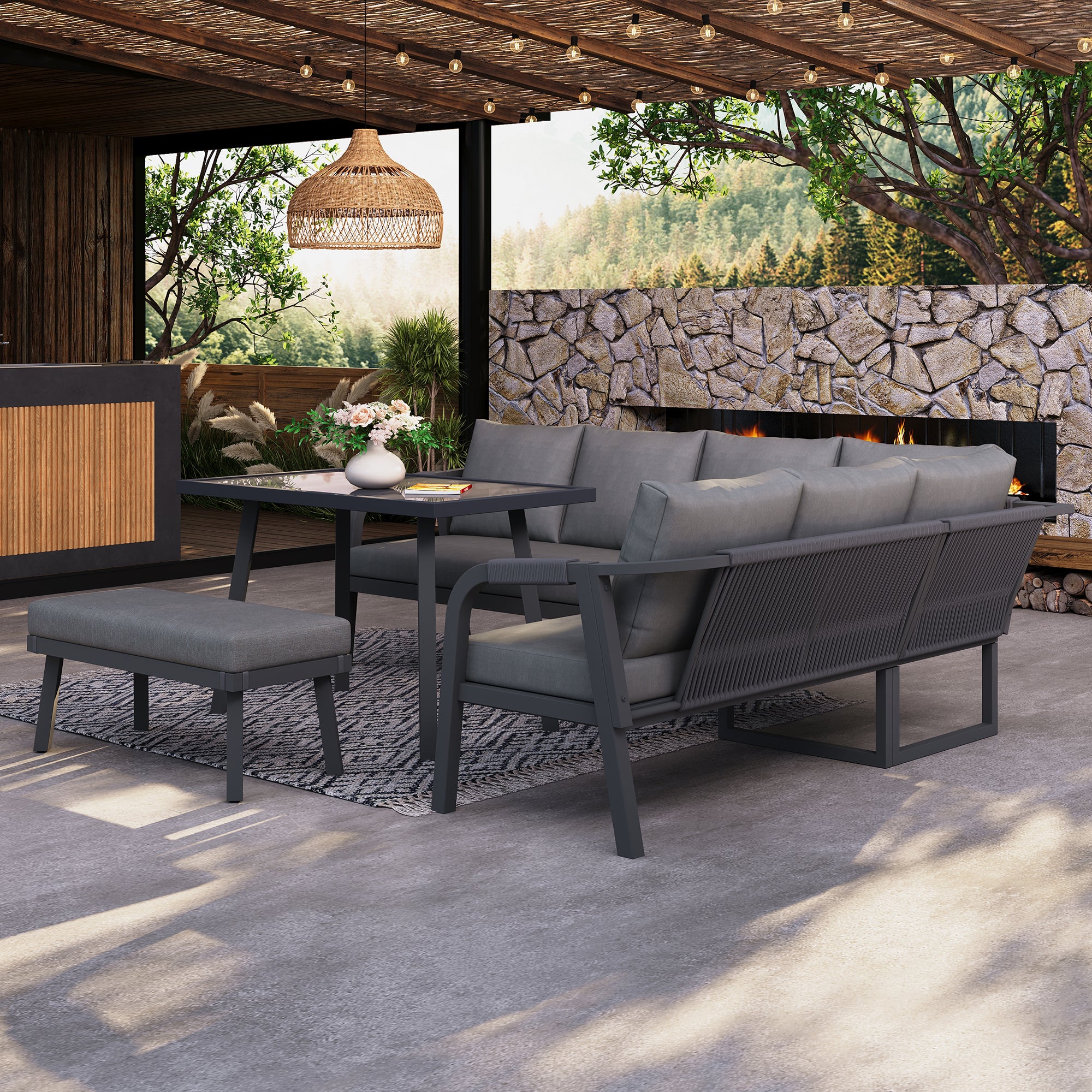 Conjunto de jardín XL de 8 plazas - Conjunto de comedor esquinero con mesa alta y banco - Acabado en cuerda trenzada - Gris - 5