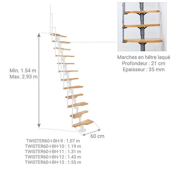 Escalier droit 12 marches - Hauteur à franchir 2.23 à 2.94m - Blanc et hêtre - TWISTER60-I-BH-12 - 2