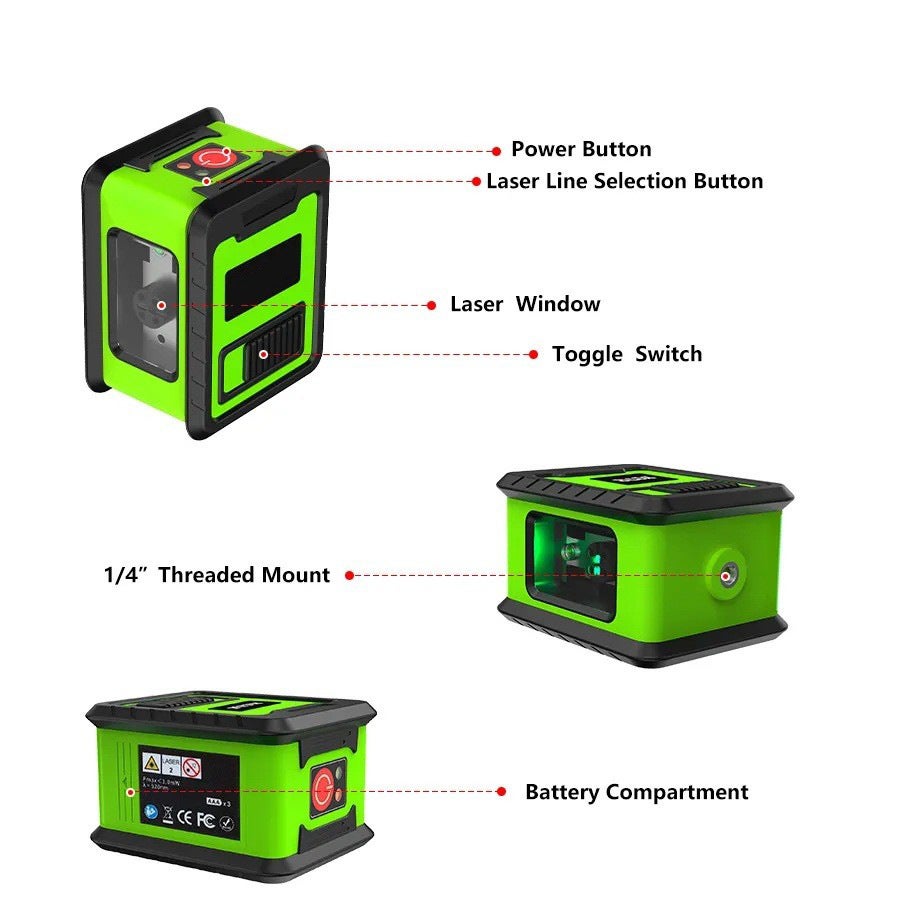 Mini livello laser - Doppio raggio verde, autolivellante, per misurazioni orizzontali e verticali, alloggiamento verde - 3