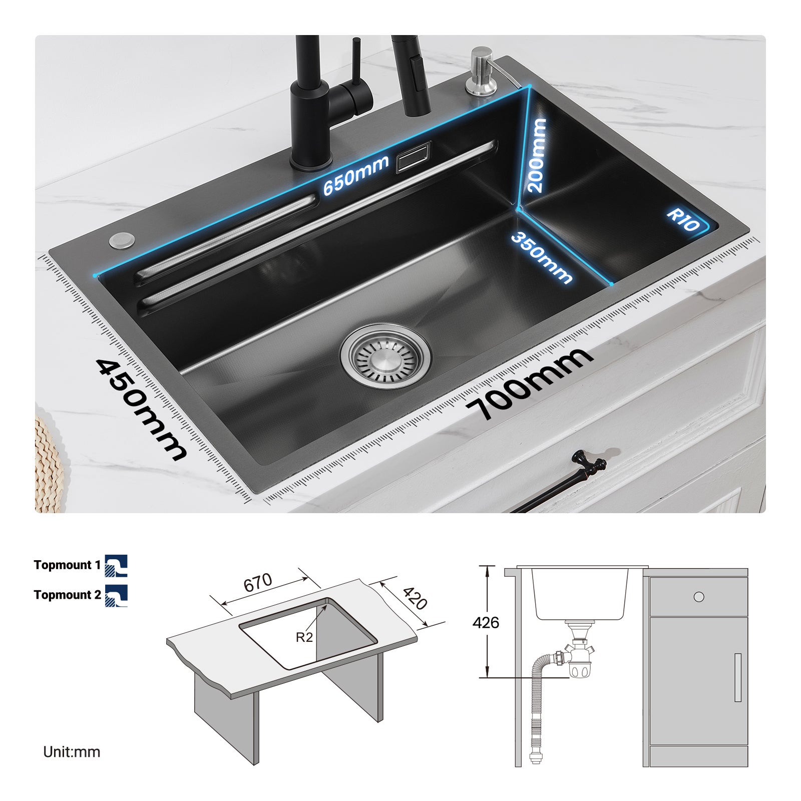 Cecipa max Évier Encastré 50*44CM Évier de Cuisine 1 Bac Évier de Cuisine En Acier Inoxydable 304 Brossé,EU Modèle - 4