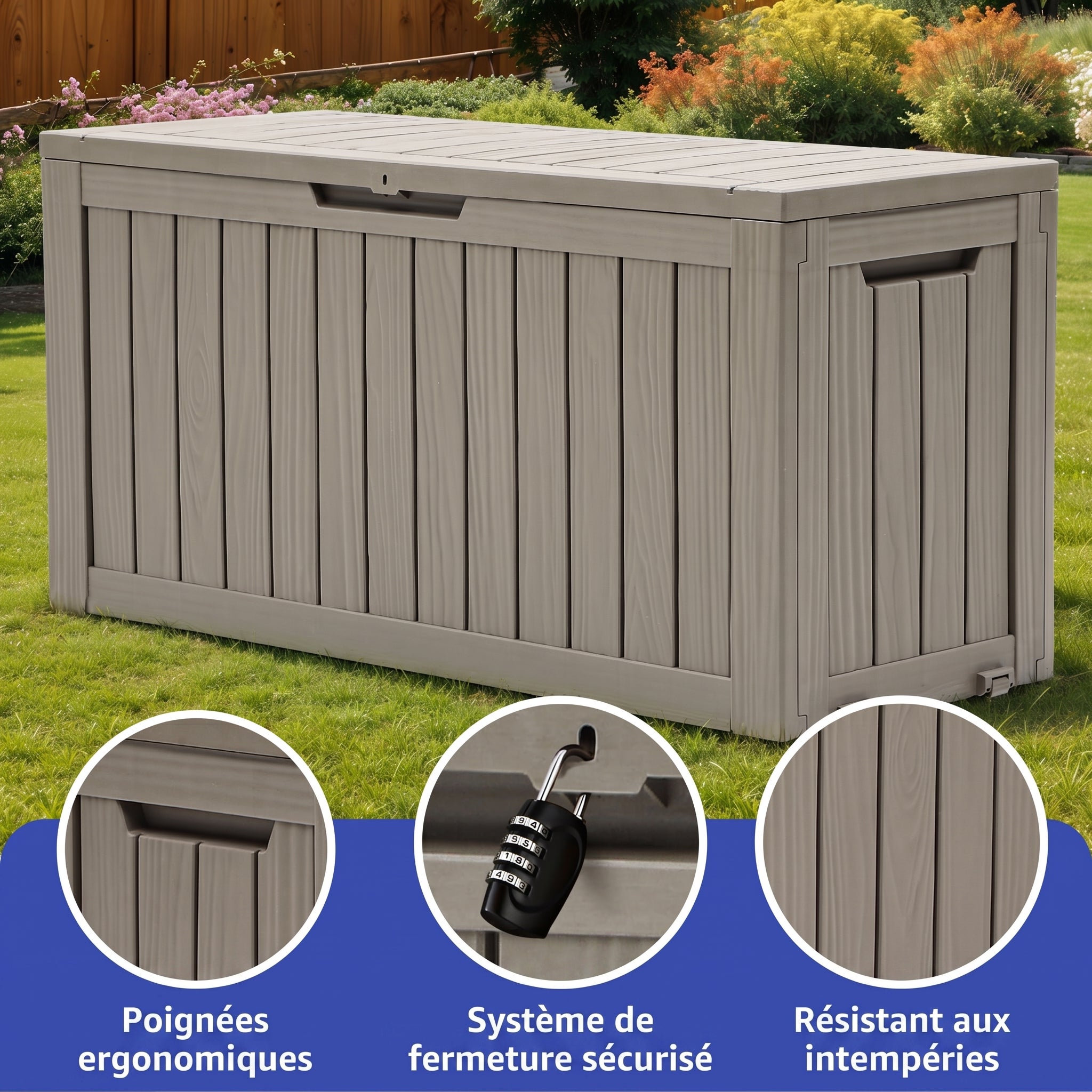 YITAHOME Caja de Almacenamiento Exterior con Ruedas-Caja de Cubierta de Plástico 270L-117 x 53.5 x 55 cm-Marrón Claro - 6