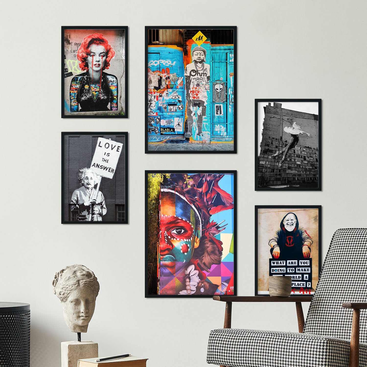 6 cuadros fotograficos graffiti urbano láminas decorativas arte callejero banksy poster moderno decoracion hogar a3 y a4 marco negro