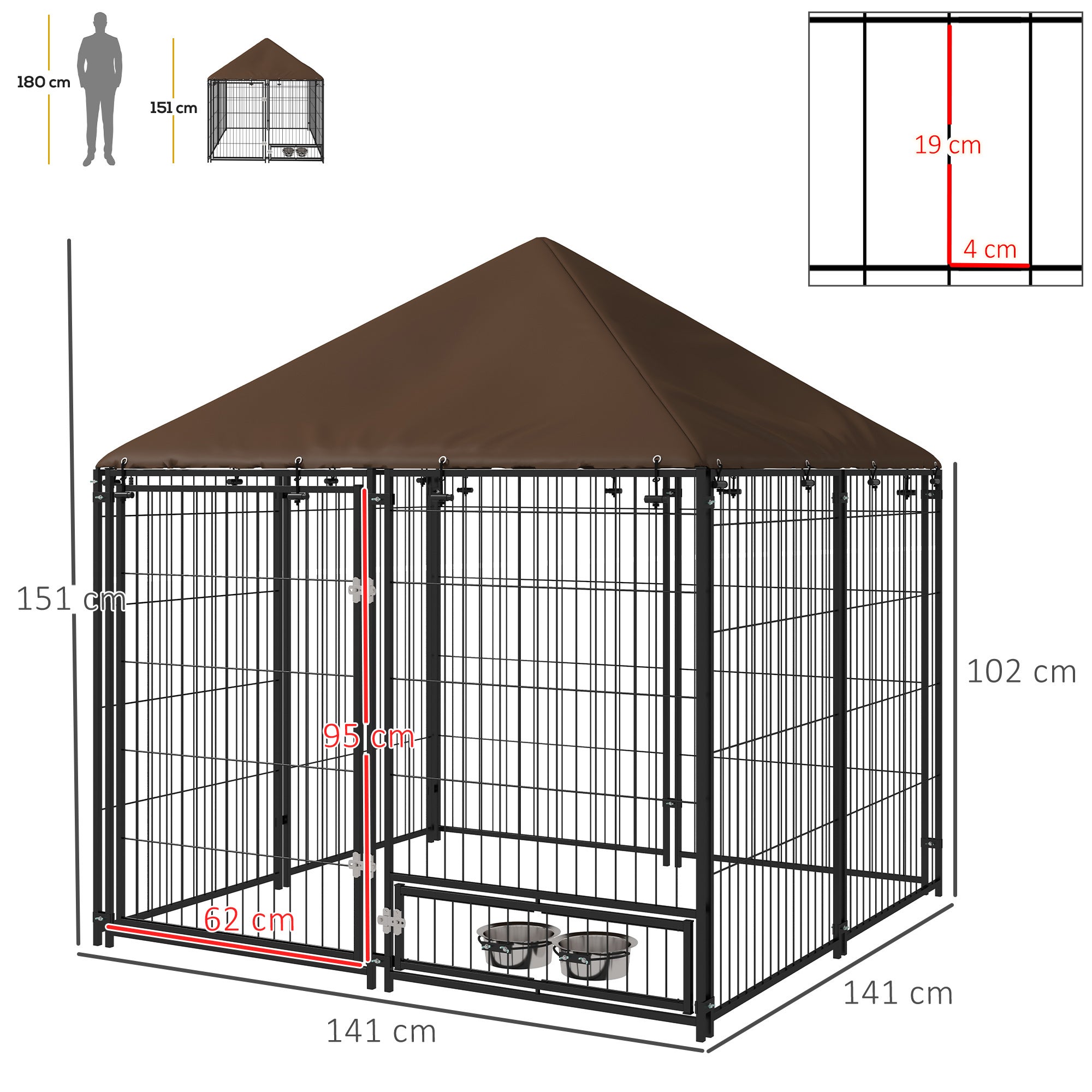 Chenil extérieur pour chiens - PawHut - support gamelle toit résistant intempéries espace spacieux - métal - 141x141x151cm - noir - 3