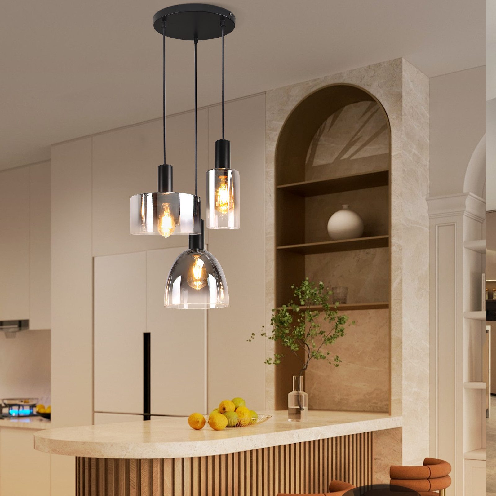 NETTLIFE Lampe à Suspension Pour Table à Manger Vintage En Verre Gris Fumé E27 Réglable En Hauteur Pour Salon - 4