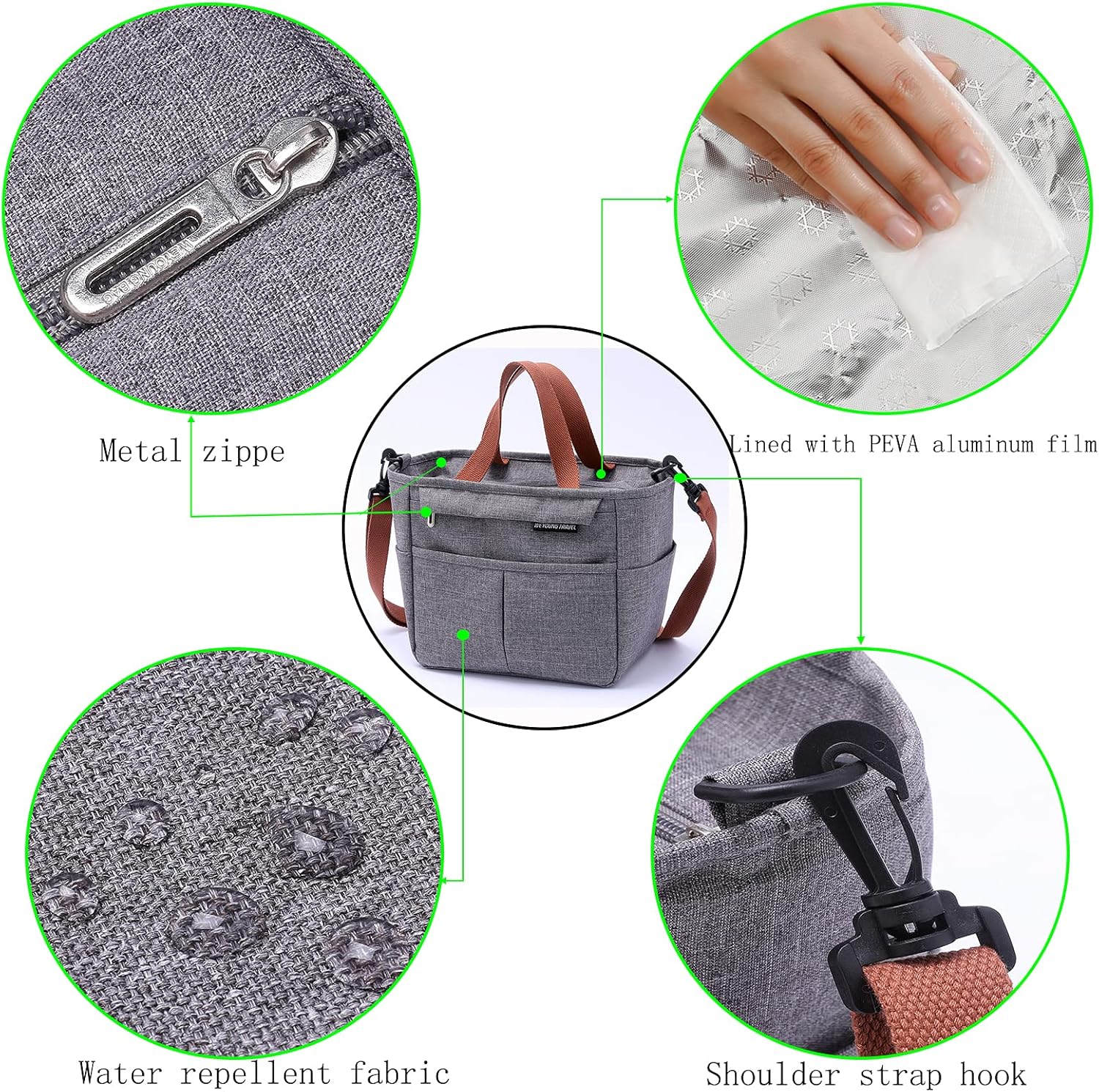 Bolsa térmica Porta Almuerzo, Comida Trabajo Porta Alimentos Isotermica Fiambrera Nevera Portatil Desayuno, Lunch Bag para picnic/escuela/oficina (Gri - 3