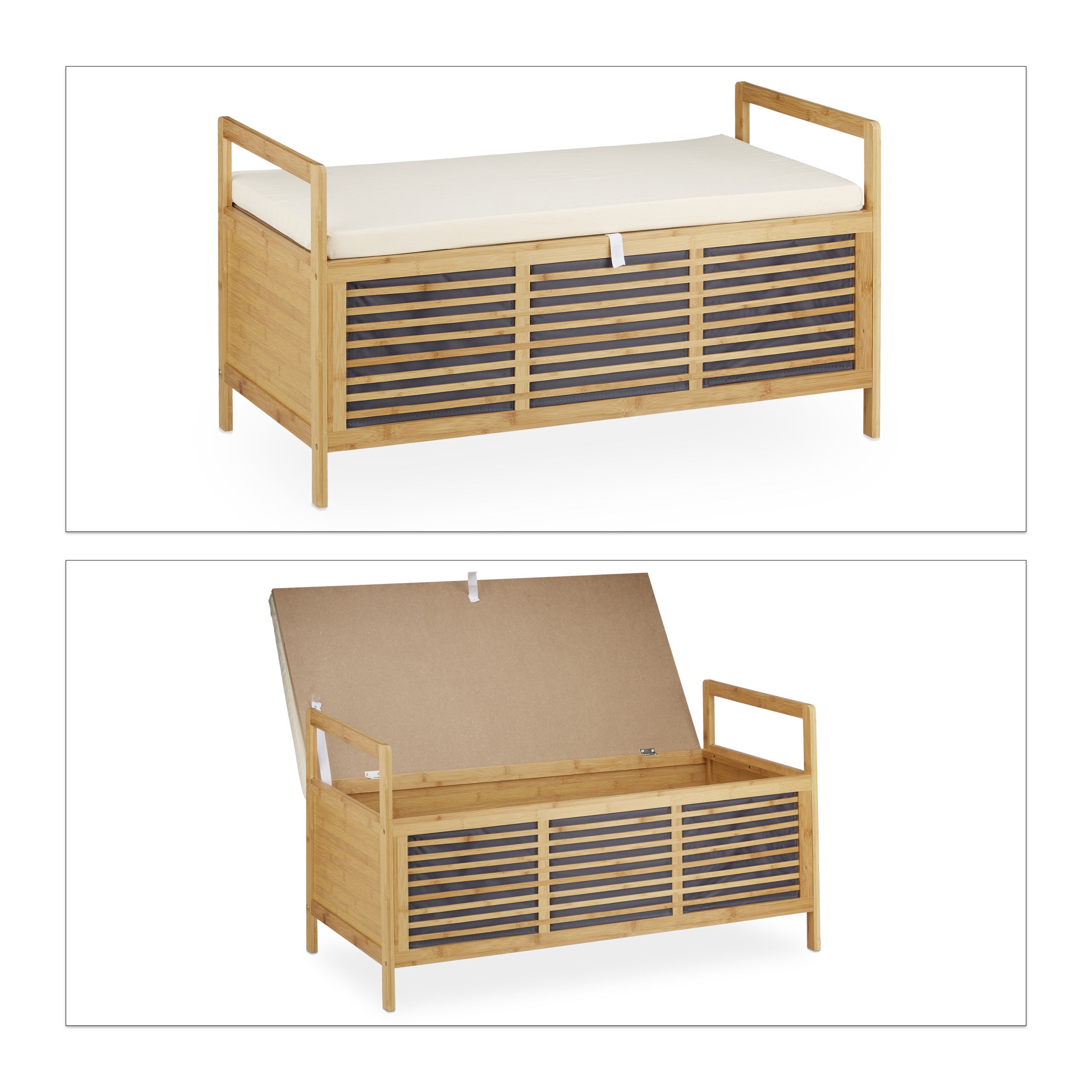 Banc avec rangement et coussin, coffre en bambou pour l'entrée, taille L, 50 x 93 x 48 cm, naturel, Relaxdays - 6