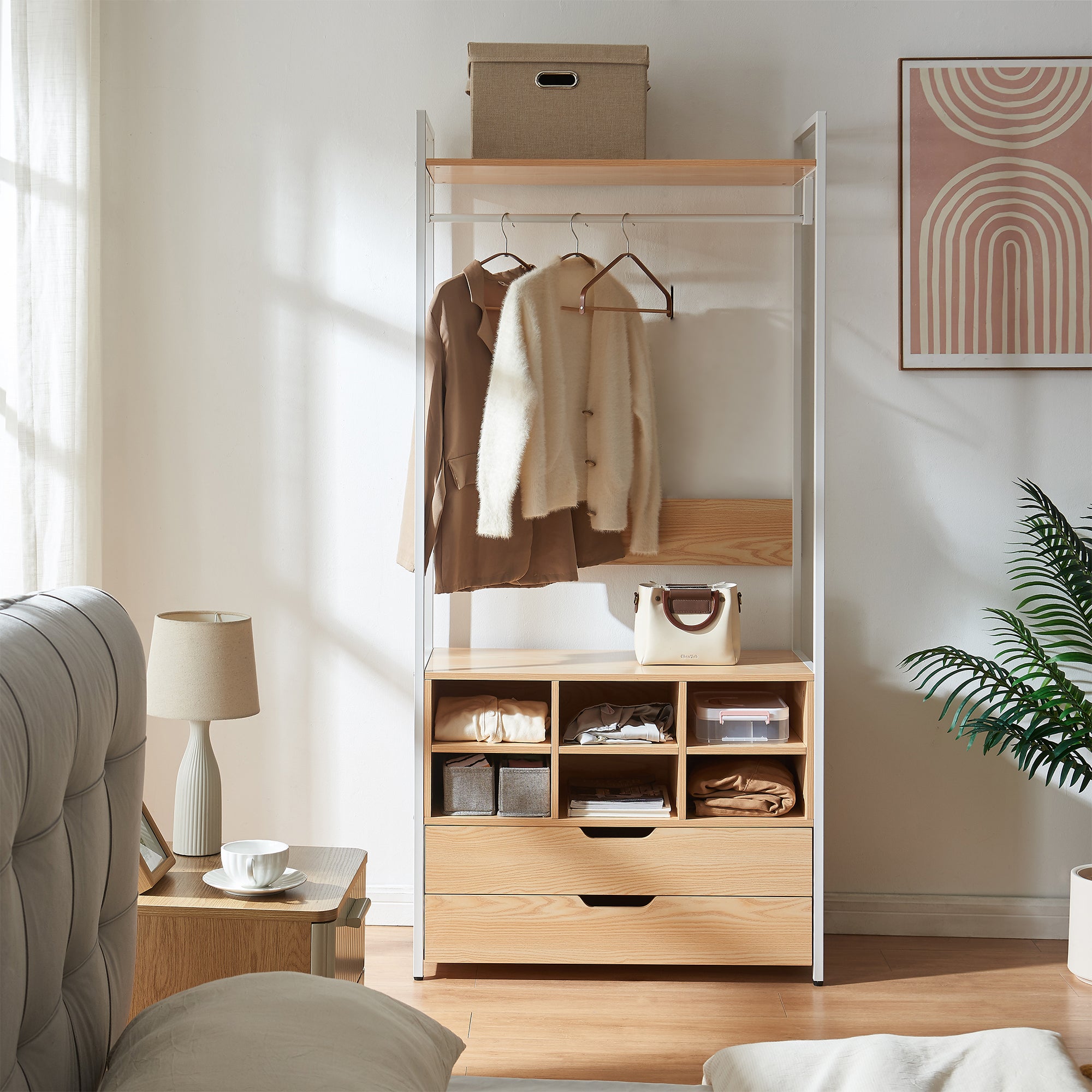 Organizzatore Guardaroba Larem Mobile Porta Abiti con Scomparti - Bianco / Effetto Rovere [en.casa] - 6