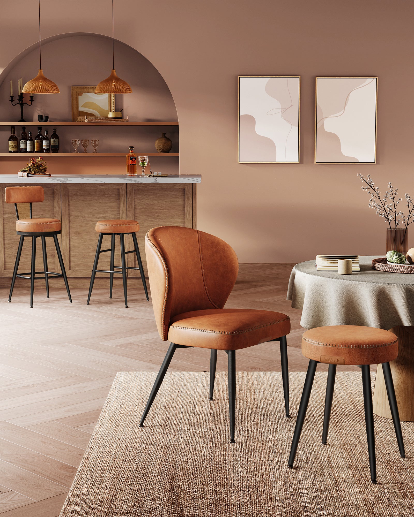 Tabouret de Bar, Lot de 4, Chaise de Cuisine, Siège Rembourré, PU avec Coutures, Style Moderne Mi-siècle, Hauteur 76 cm, Marron Caramel - 7