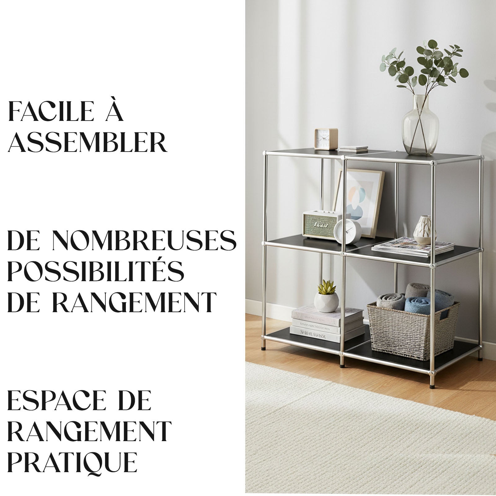 Rangement stylé et épuré – Étagère en métal chromé, 78 × 40 × 82 cm, Noir - 4