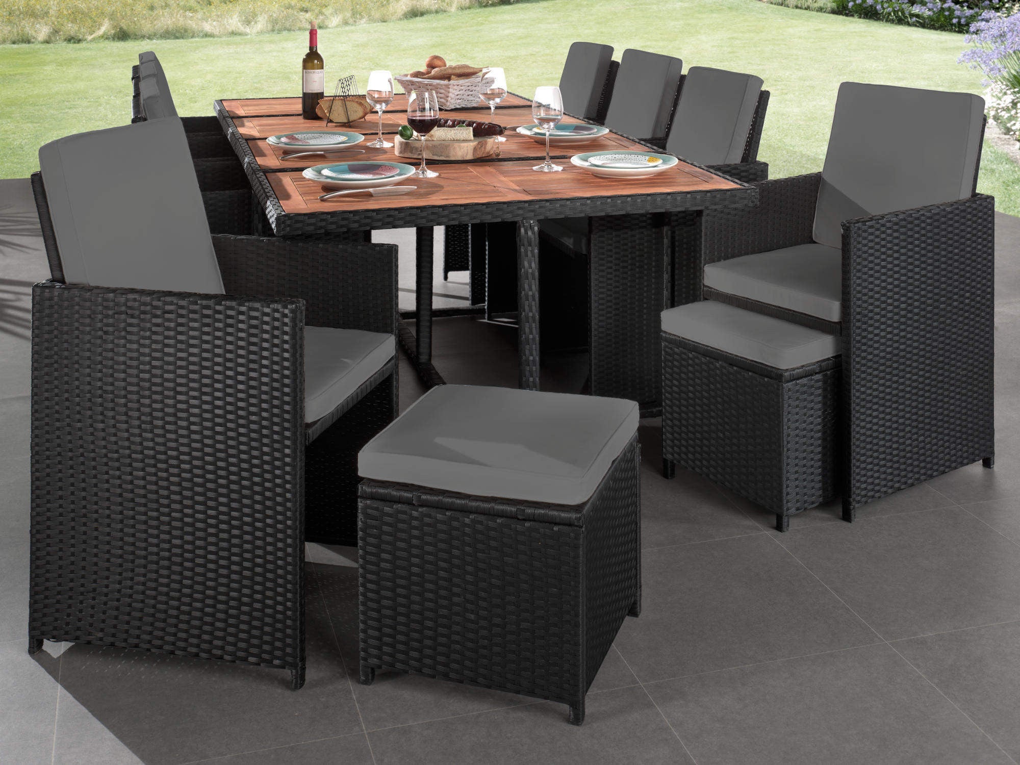 Salon de jardin 12 places en résine tressée et bois massif d'acacia noir / gris - CUBA - Best Mobilier - 2