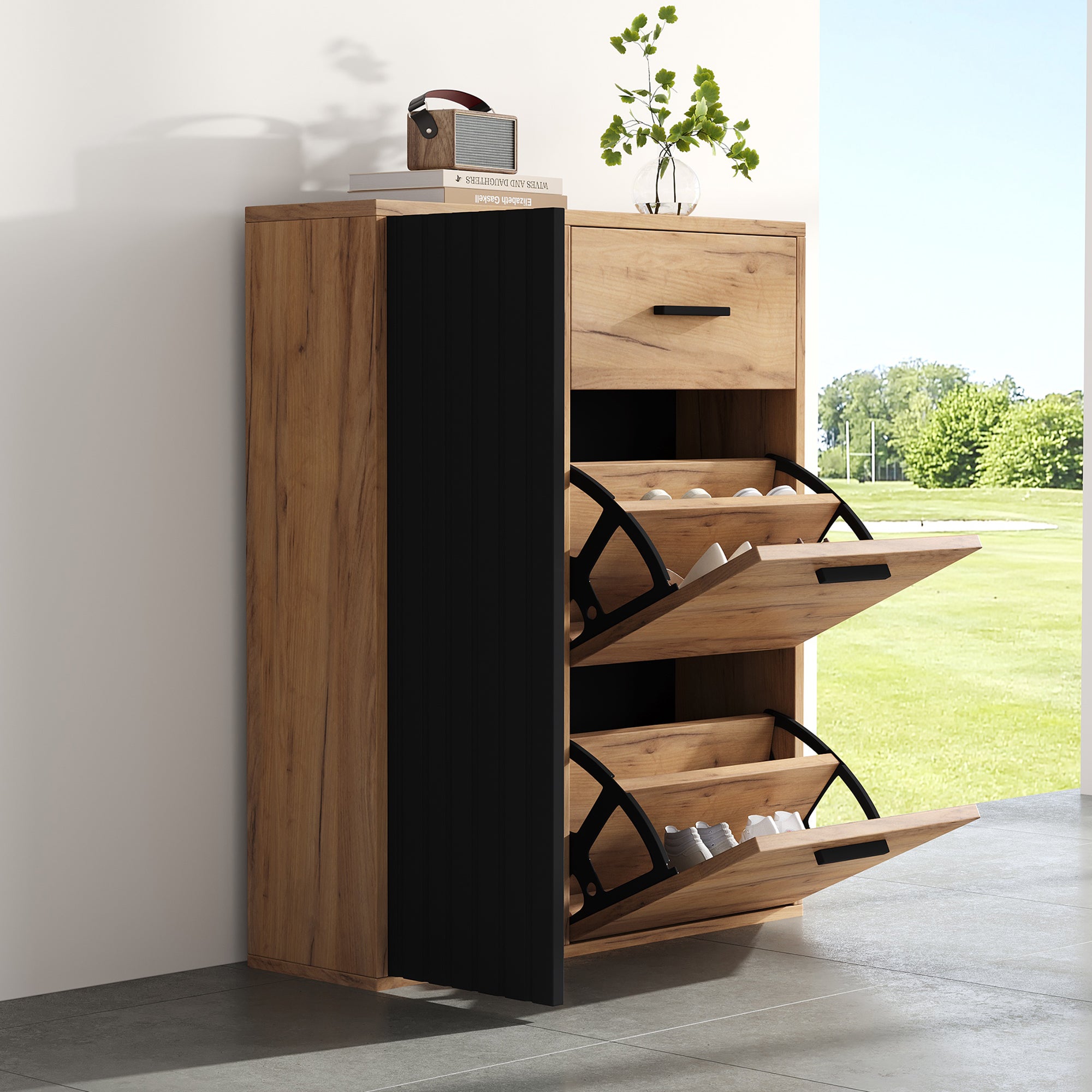Scarpiera con 3 ante e 1 cassetto - 80 x 24 x 95,5 cm - Truciolato - Naturale + nero - 4