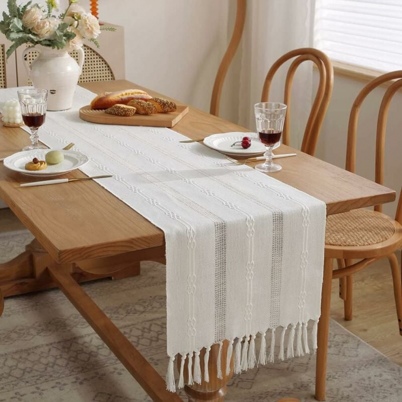Camino de mesa beige crema de 38 x 228 cm camino de mesa bohemio con borlas camino de mesa estilo rústico para cenas, fiestas, vacaciones, comedor