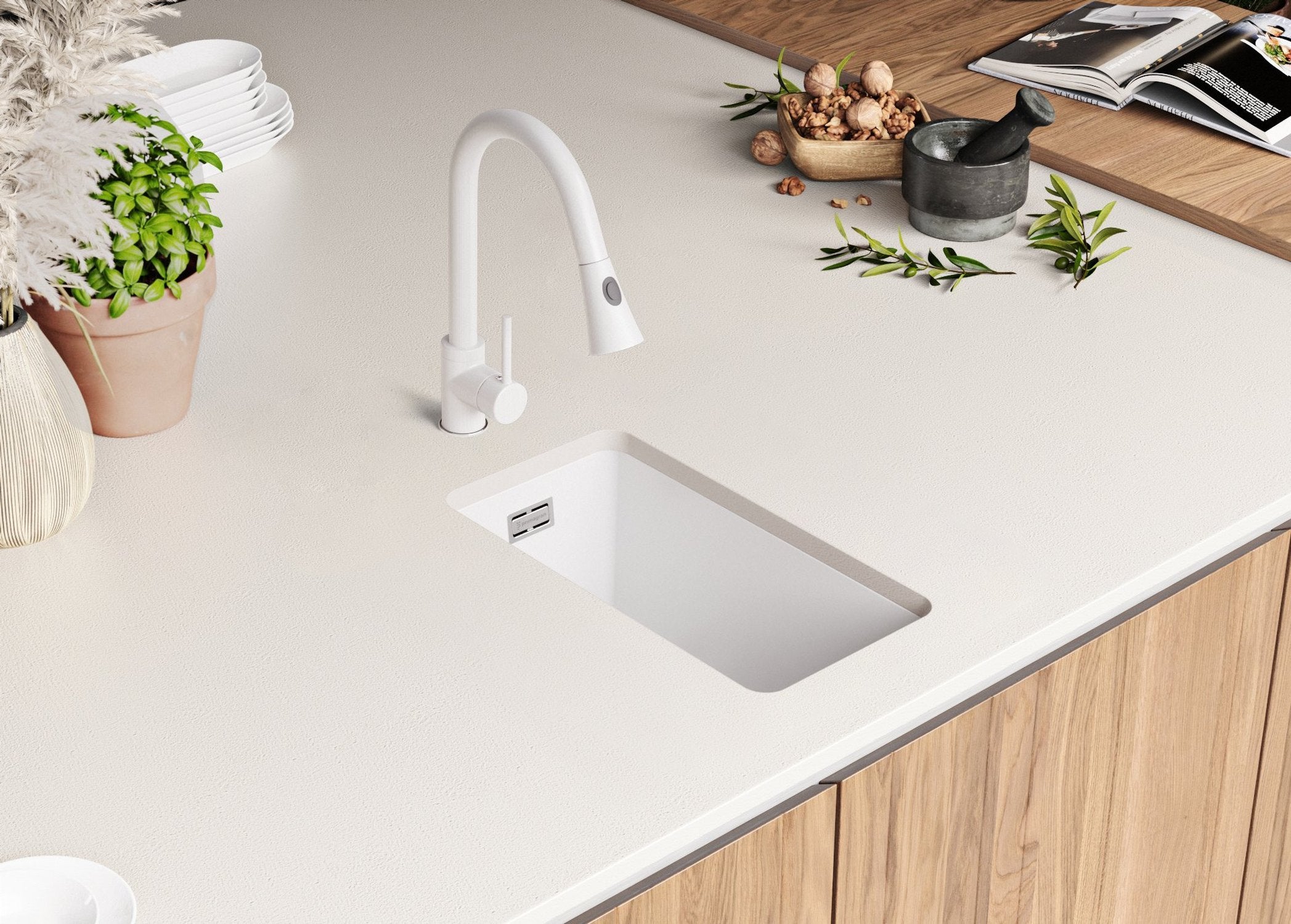 Lavello sottotop Bianco 26x47cm, Lavandino in Granito a 1 vasca + Sifone Classico, Lavabo da Cucina al mobile 30cm - London PRIMAGRAN - 8