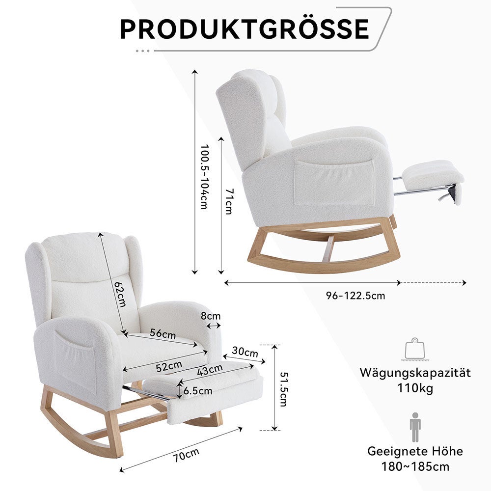 Fauteuil à bascule allaitement, bois, repose-pieds réglable, poche, Teddy blanc - 3
