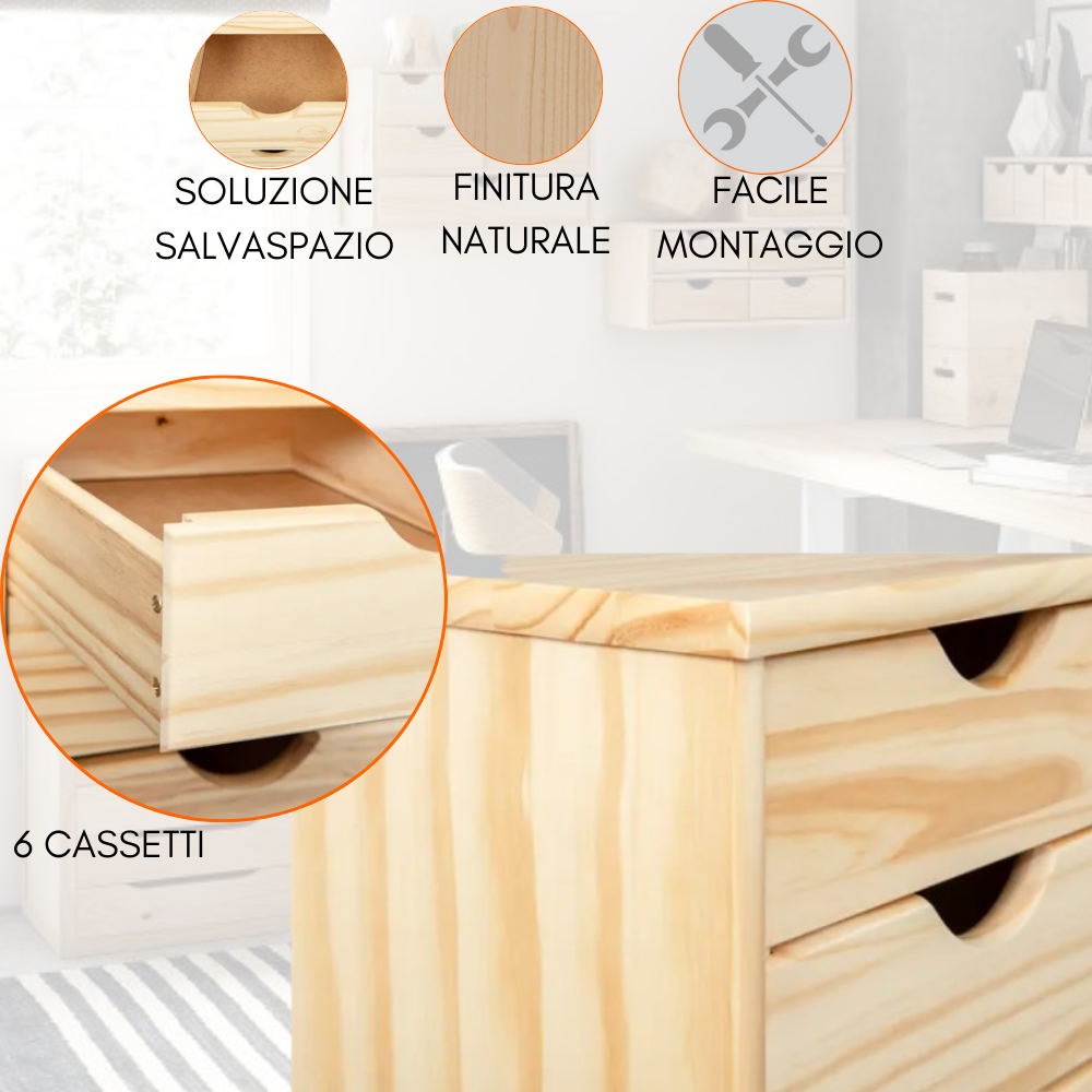 Cassettiera Legno 6 Cassetti Mobile Design Moderno Salvaspazio, Rovere cm 28x20x28 - ZIK - 2