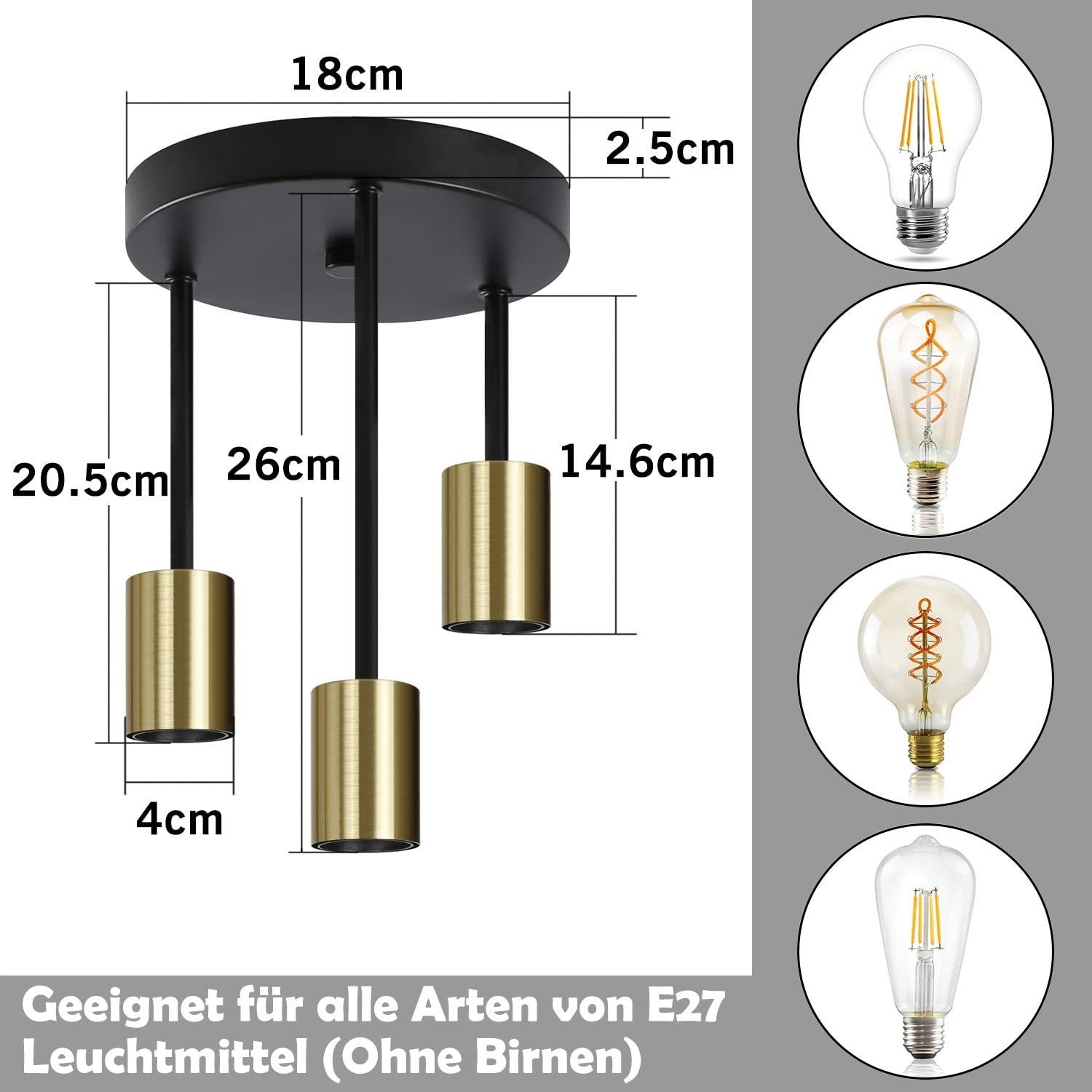NETTLIFE Candeeiro de teto LED com 3 focos E27 pendurado vintage preto ouro com lustre industrial moderno para cozinha corredor barra - 4