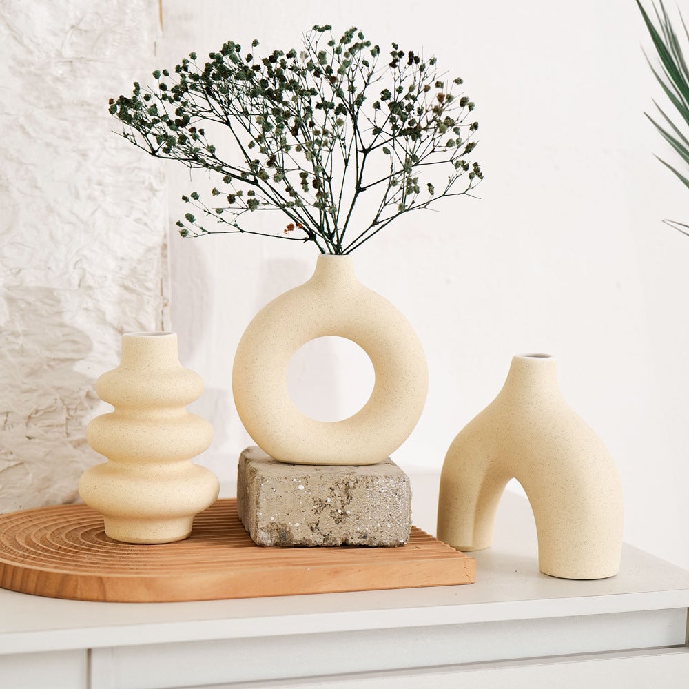 Ensemble de trois vases en céramique beige, style bohème moderne, adapté à la décoration de la maison, adapté à l'herbe de la pampa, forme ronde - 9