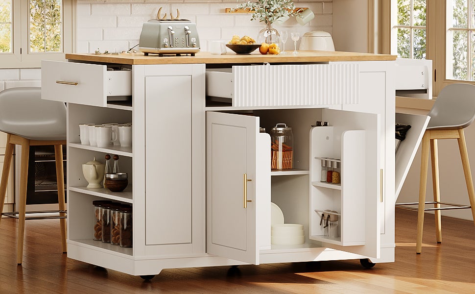Îlot central de cuisine mobile avec 2 portes, 3 tiroirs et compartiment poubelle - 120 x 50 x 92 cm - MDF + Métal - Blanc - 3