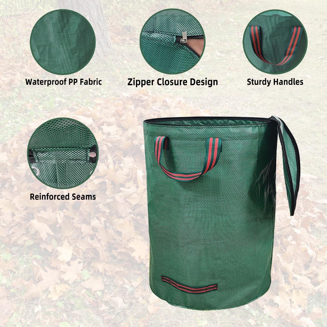 2x120L Sac à Déchets Verts de Jardin, Couvercle, Résistant, Indéchirable, Réutilisable, avec Poignées - Idéal pour Feuilles, Pelouse, Végétaux - 3