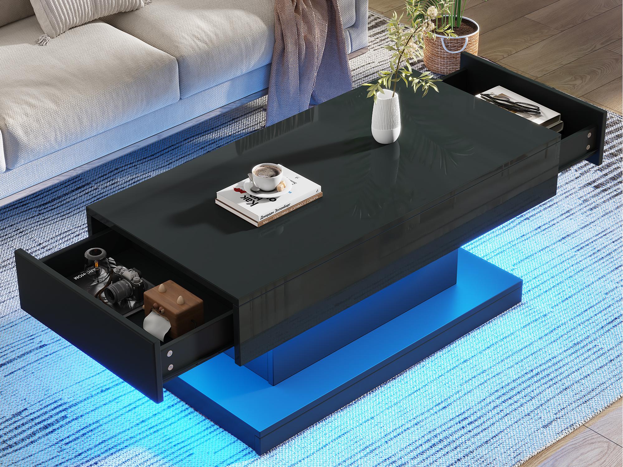 Stolik kawowy 100 x 50 x 45 cm – z 2 szufladami – z oświetleniem LED – wykończenie błyszczące – kolor czarny