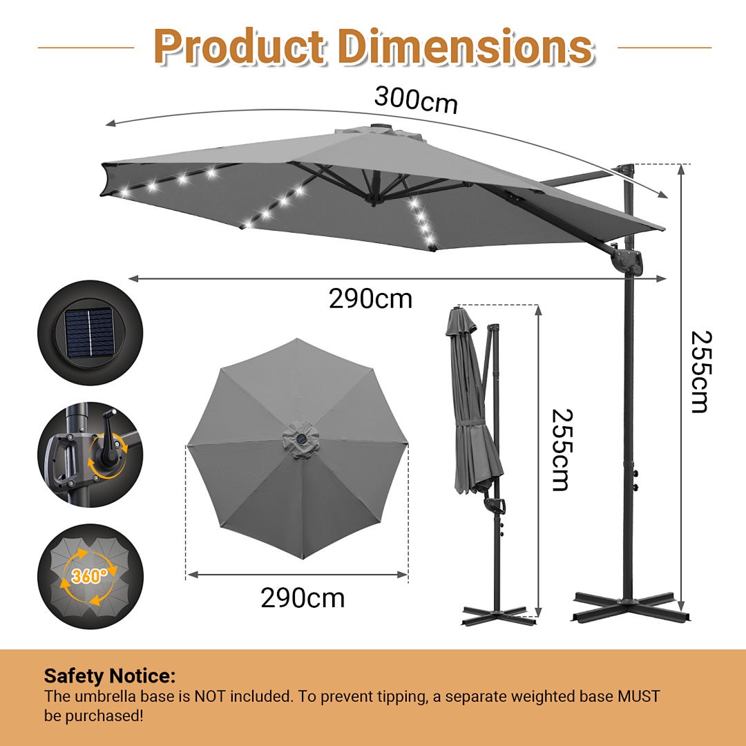 Parasol déporté gris 300 cm avec 28 LED solaires, rotation complète, inclinaison réglable, toile anti-UV UV50+ - 2