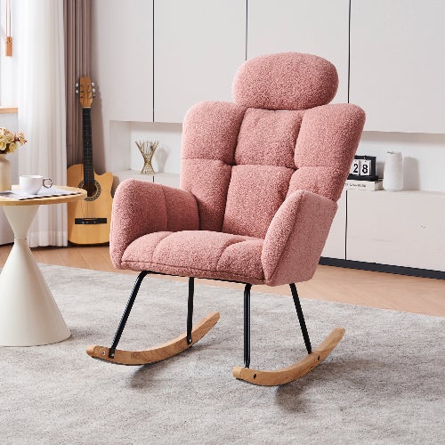 Fotel bujany z miękkiej tkaniny Teddy, pikowany, z piankowym oparciem, drewnianą ramą i czarną metalową podstawą, różowy, do salonu i sypialni