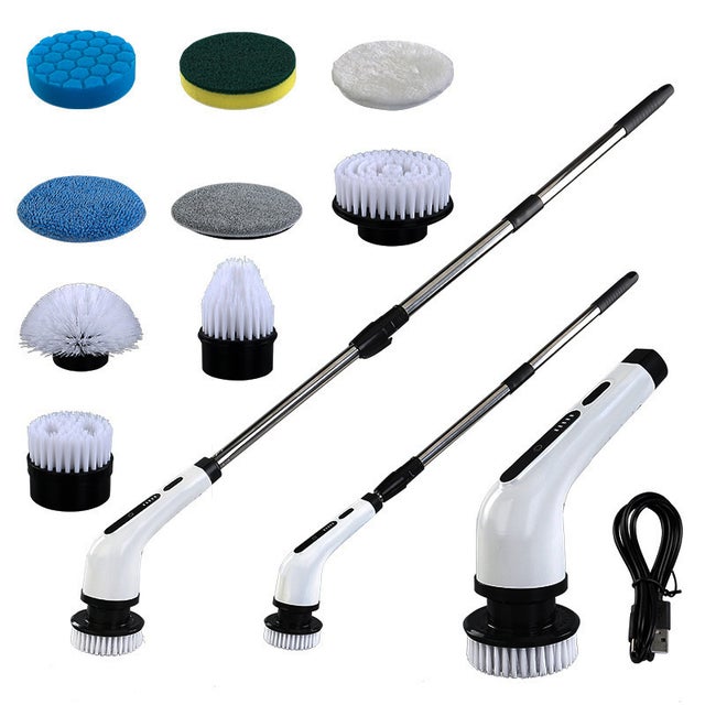 Brosse de nettoyage électrique rotative, sans fil, blanche, 9 têtes de brosse, avec manche réglable de 137 cm