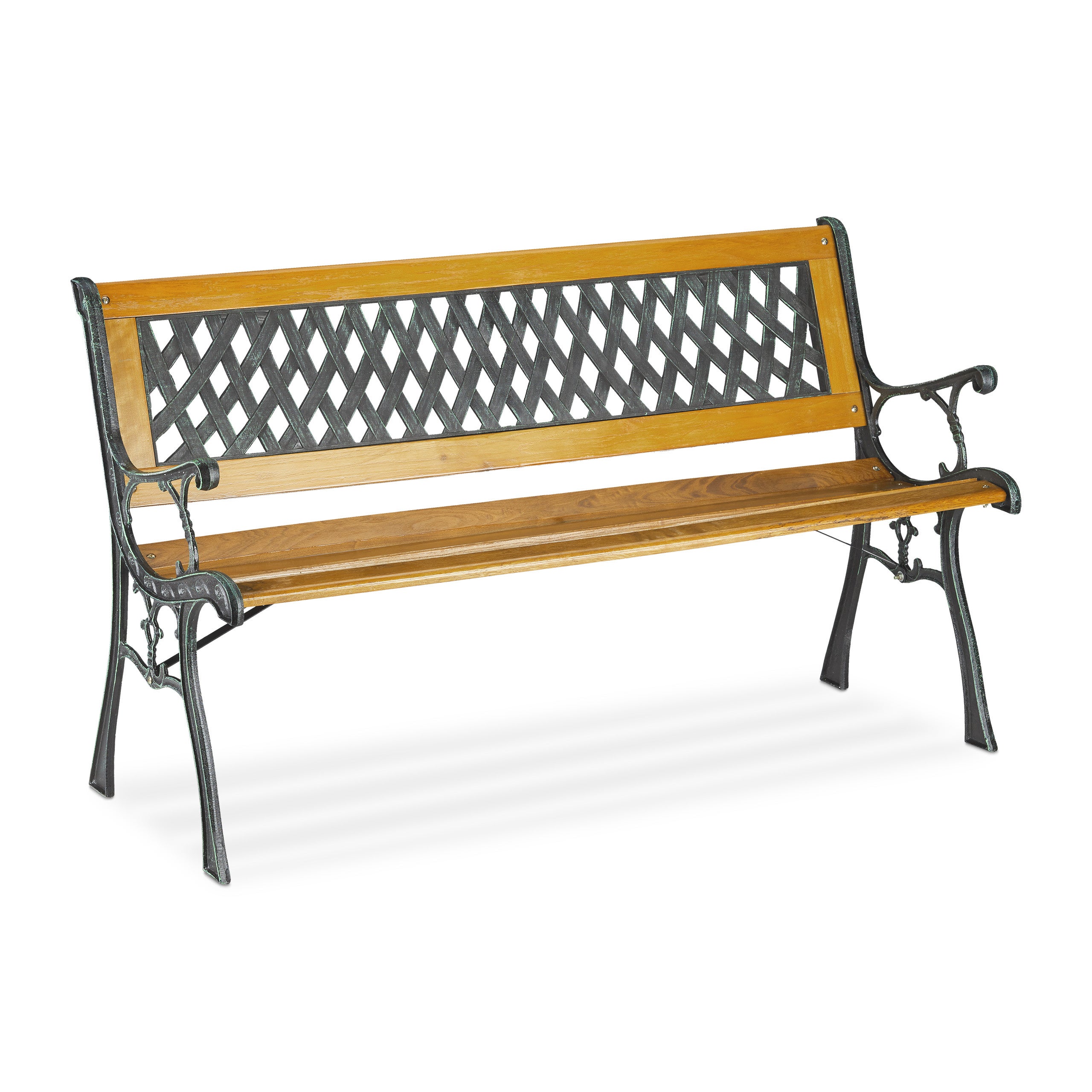 Banc de jardin, 2 sièges, bois, fonte, balcon et terrasse, rustique, HxLxP 73 x 125 x 52 cm, nature/vert, Relaxdays - 9