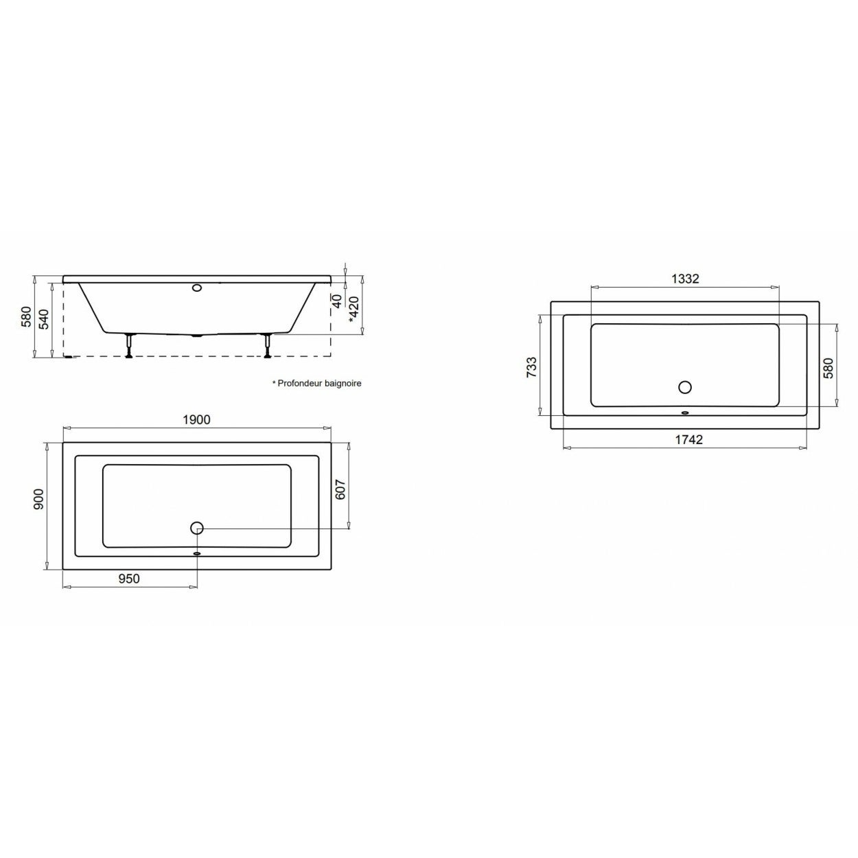 Baignoire nue rectangulaire NUBEA 190x90cm - 4
