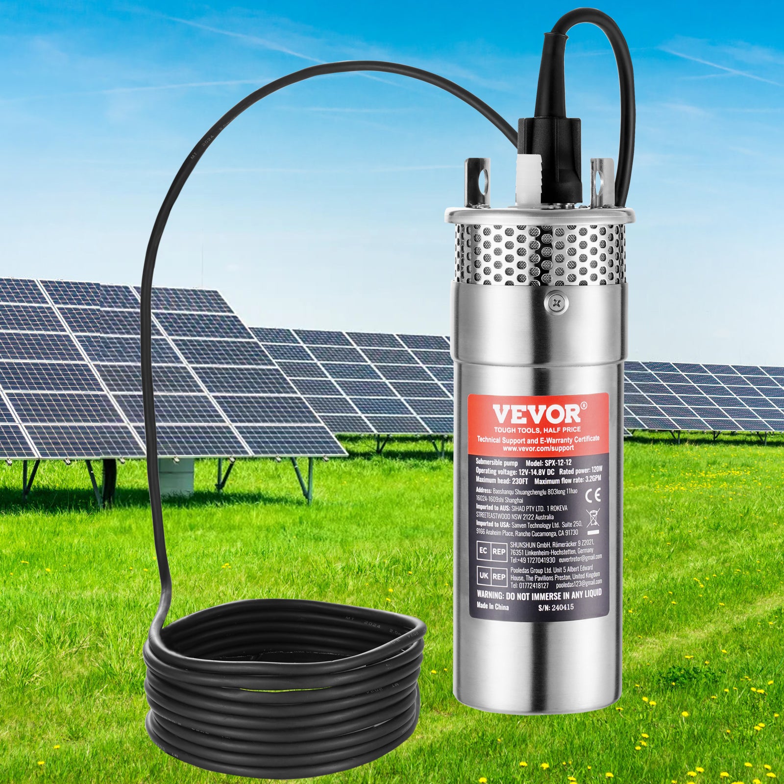 Pompe Solaire Submersible à Vis Pour Puits Profond - 24V 120W, Débit Max 5.3 GPM, Acier Inox, Avec Contrôleur MPPT
