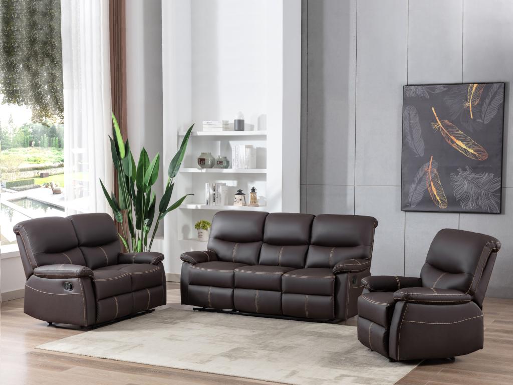 Kanapa 3+2-osobowa oraz fotel z funkcją relax z ekoskóry w kolorze brązowym CANBY