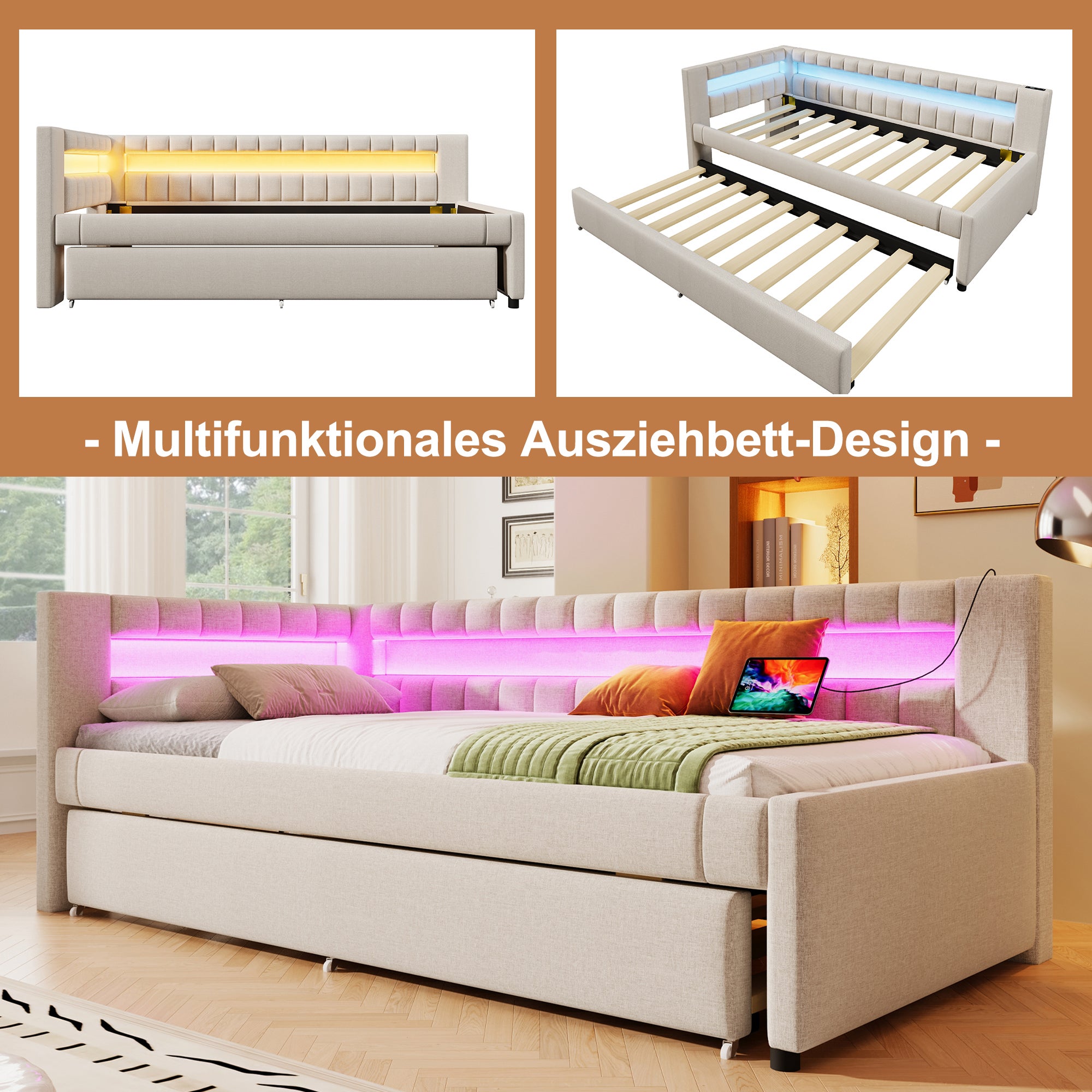 Łóżko wysuwane 90 x 200 cm + 90 x 190 cm z zagłówkiem - Ładowanie USB i typu C oraz diody LED - Tkanina lniana - Beżowy (bez materaca) - 3