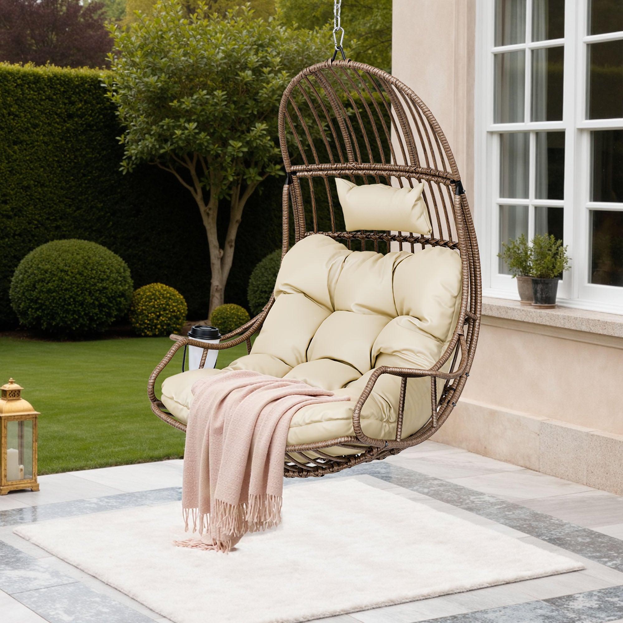 YITAHOME Fauteuil suspendu suspendu en forme d'œuf, charge maximale 150 kg, avec coussin et porte-gobelet - 2
