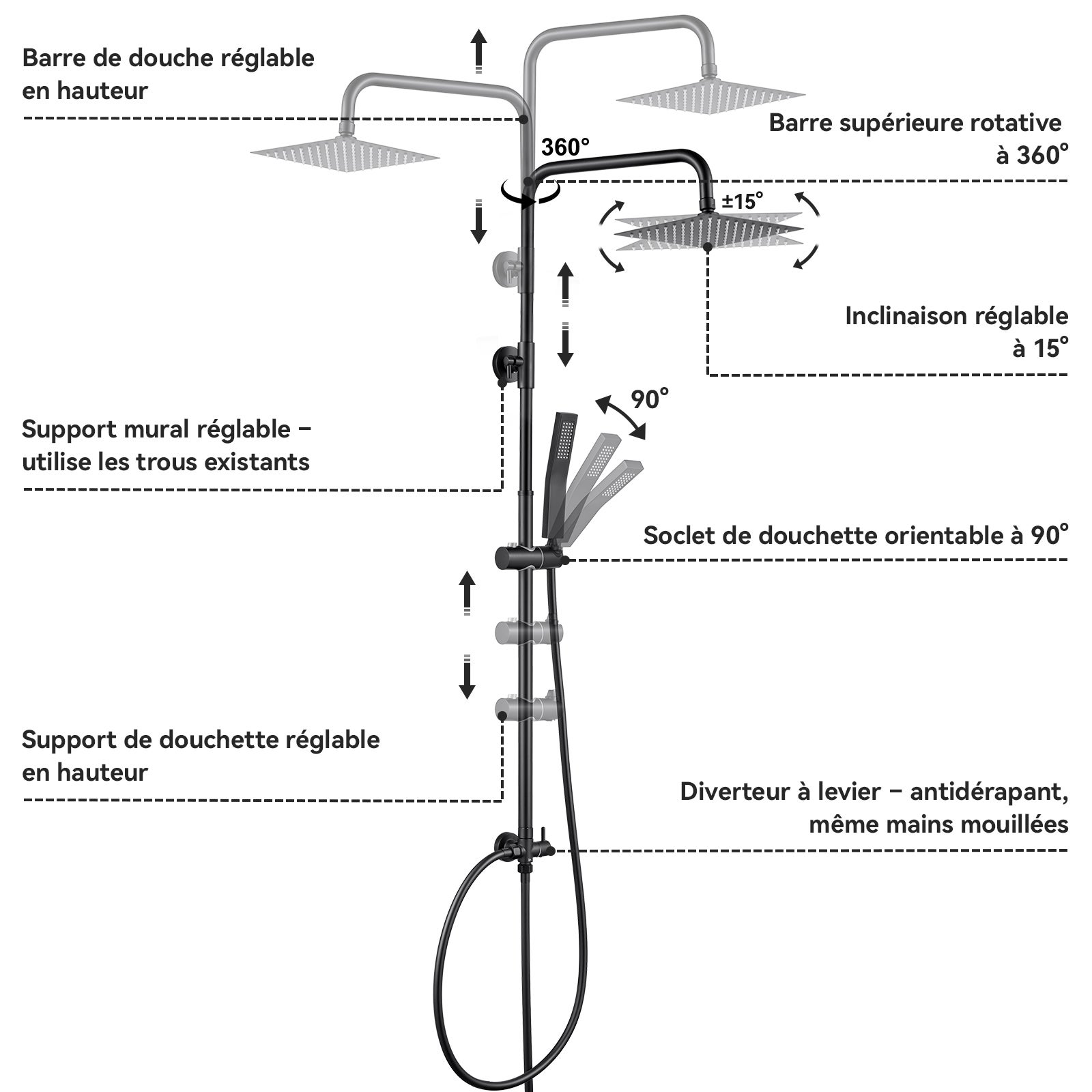 Auralum max Colonne Douche Noir sans Mitigeur Ensemble Douche avec Douchette,Réglable en hauteur avec Tête Douche Carrée 20*20cm,Acier Inoxydable - 6