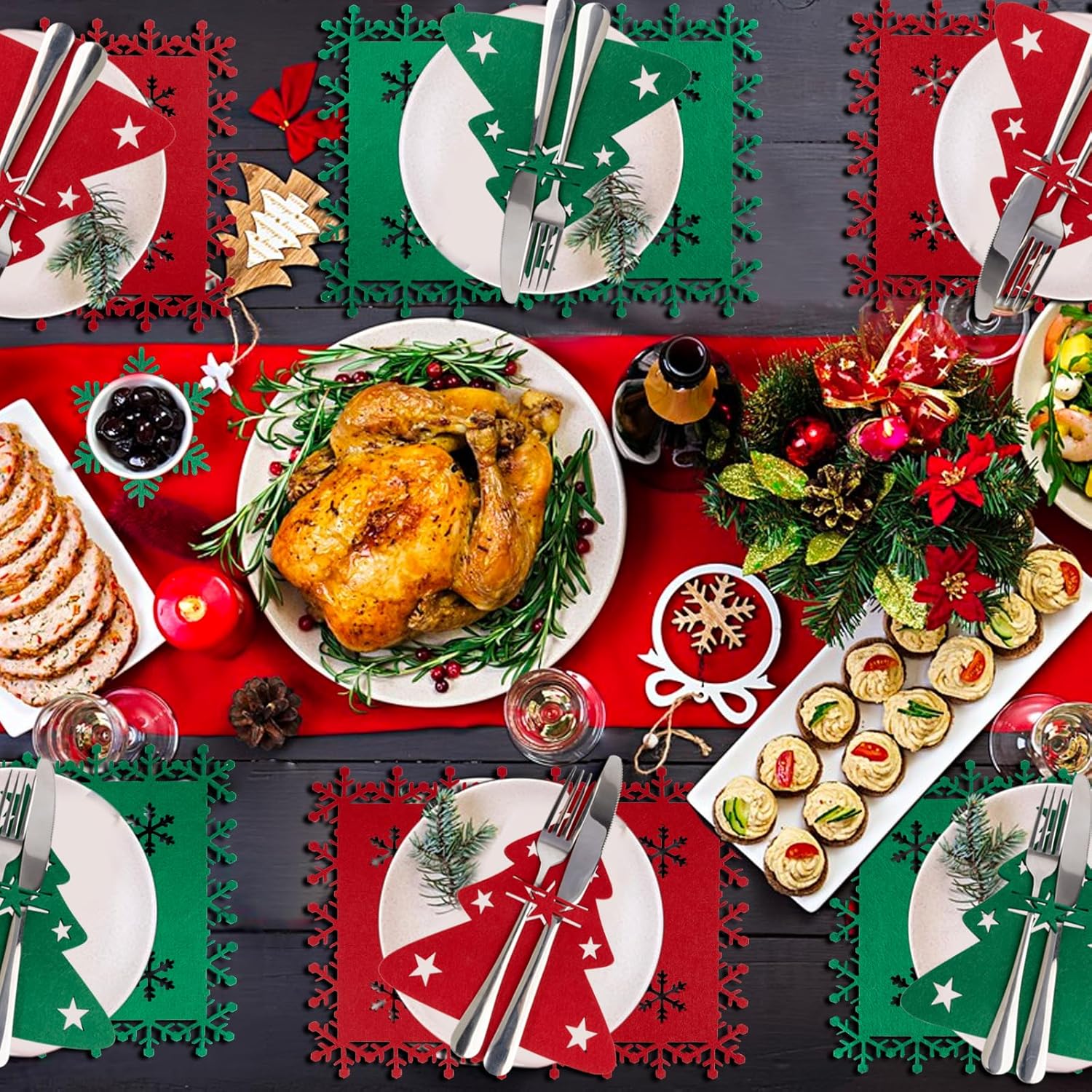 Set 18 Pezzi Tovagliette Natalizie Rosse Con Portaposate Ad Albero E Sottobicchieri Fiocco Di Neve, In Feltro Premium, Decorazioni Tavola Natale - 2
