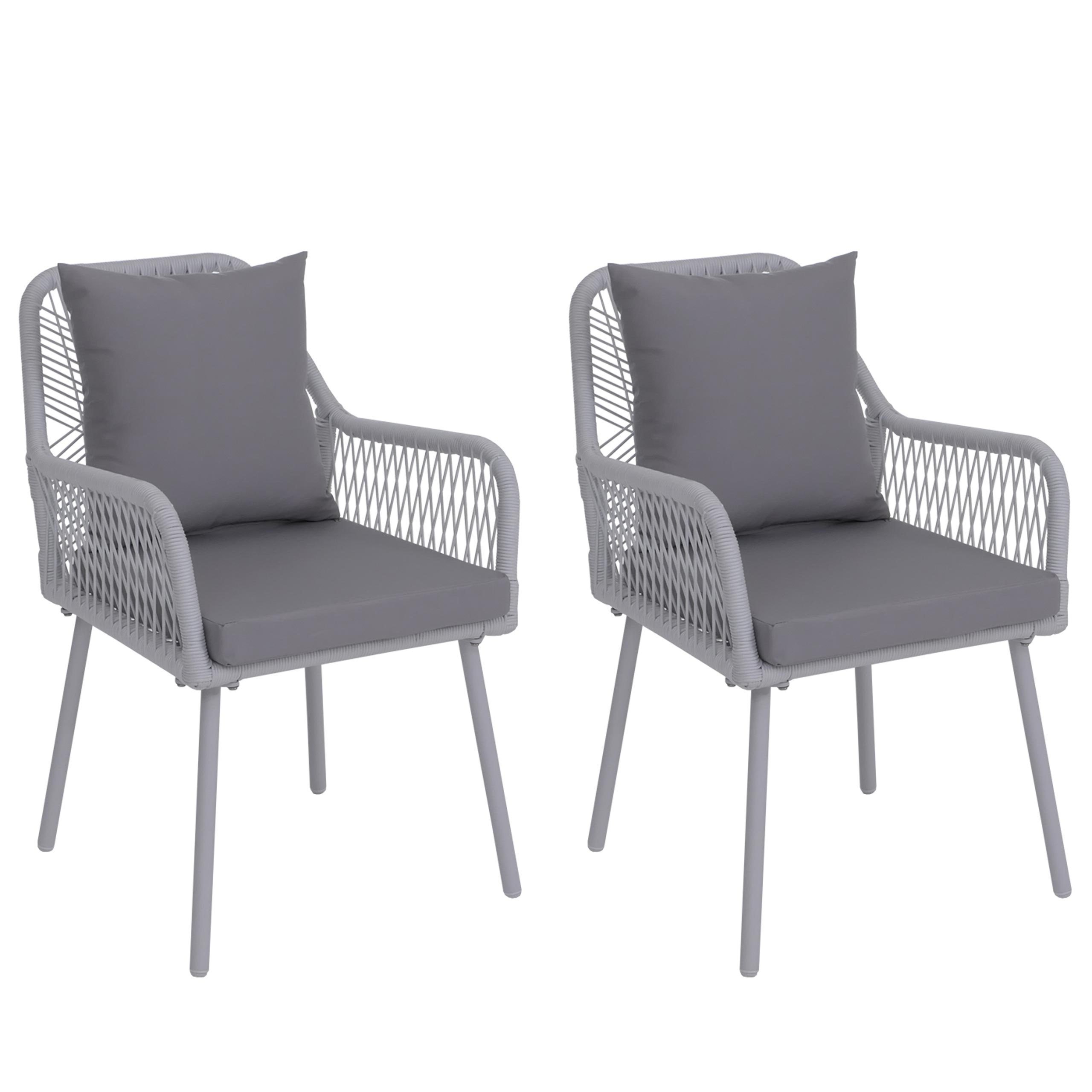 Zestaw 2 krzeseł ogrodowych HWC-O12, outdoorowe poduszki siedziska/oparcia, plecionka aluminiowa Rope ~ jasnoszara, obicie jasnoszare
