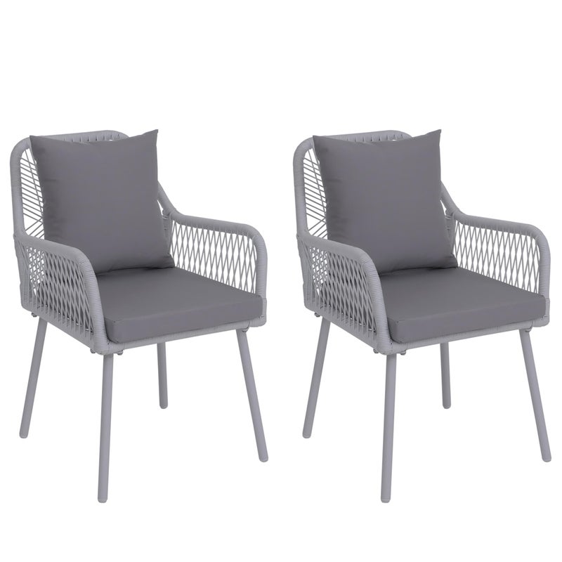 Zestaw 2 krzeseł ogrodowych HWC-O12, outdoorowe poduszki siedziska/oparcia, plecionka aluminiowa Rope ~ jasnoszara, obicie jasnoszare