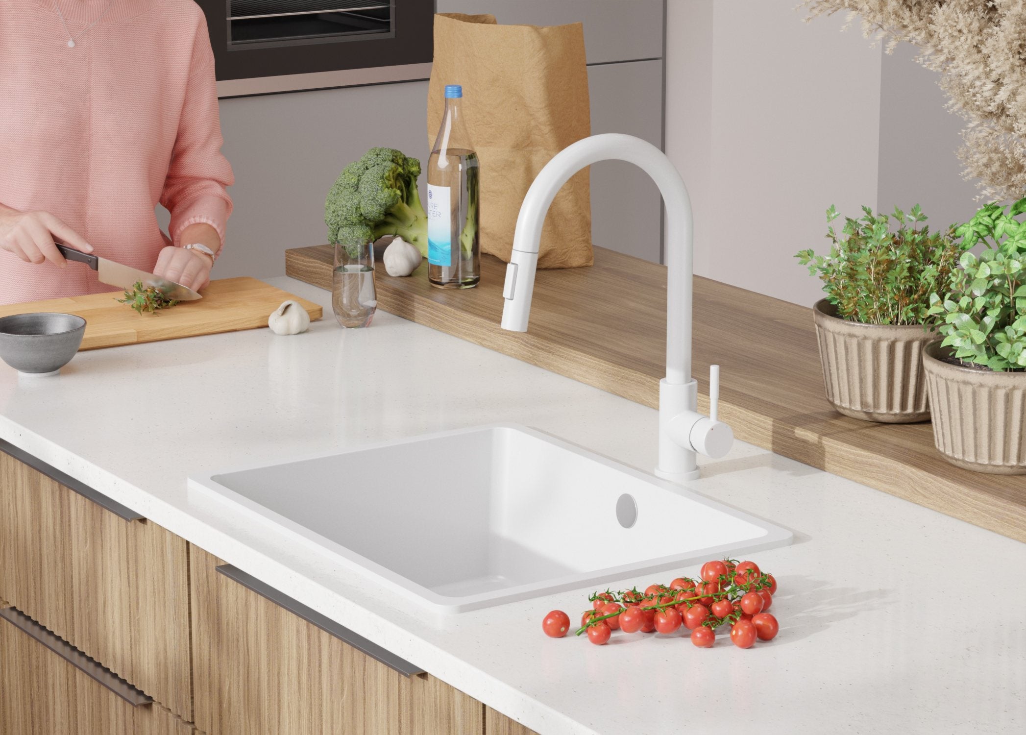 Lavello da Cucina Bianco 56x44cm, Lavandino in Granito a 1 vasca + Sifone Classico + Accessori, Lavabo da Cucina Incasso al mobile 60cm PRIMAGRAN - 9