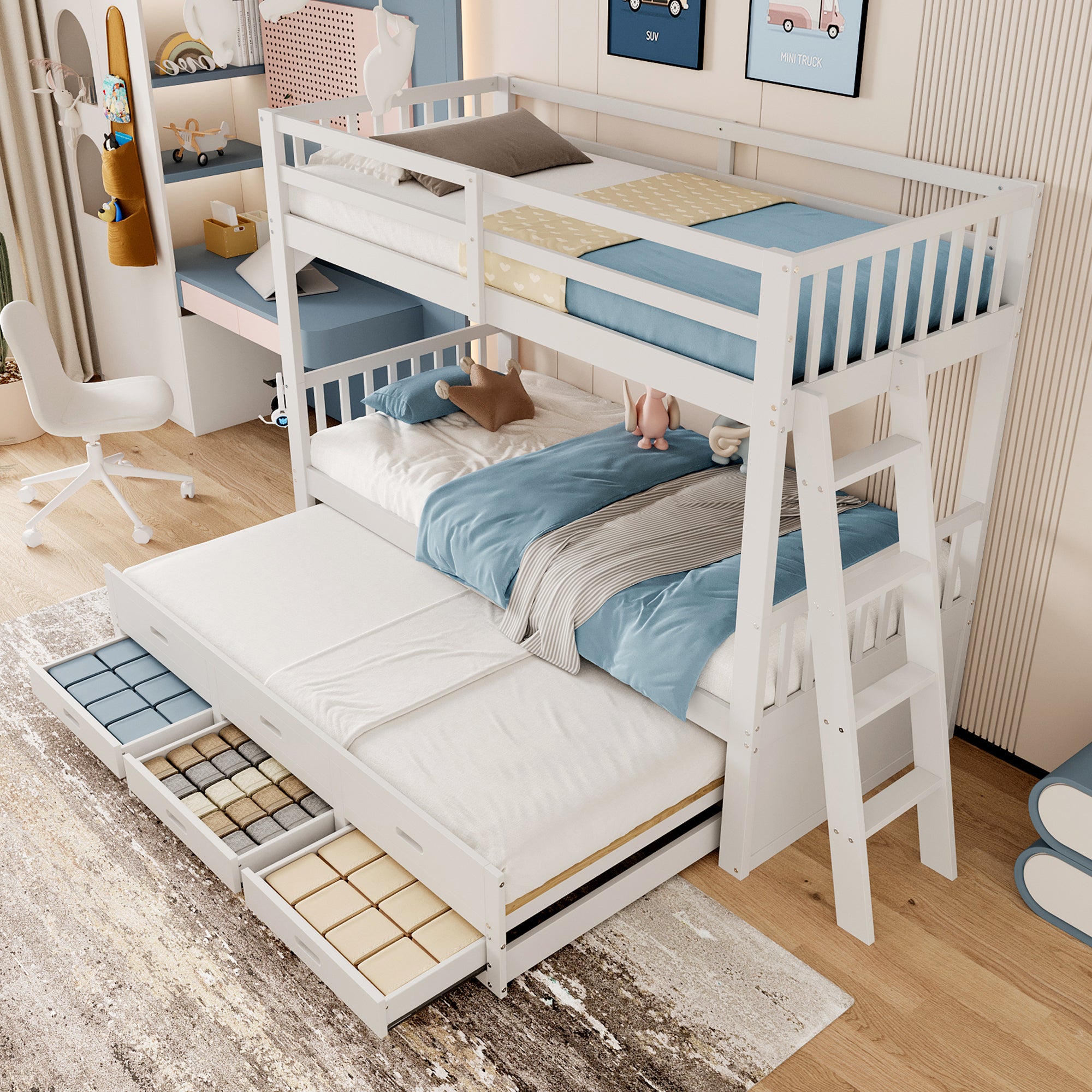 Lit superposé en bois 90 x 200 cm avec lit gigogne pour enfant, Lit mezzanine et 3 tiroirs, sommier à lattes, blanc (sans matelas) - 4