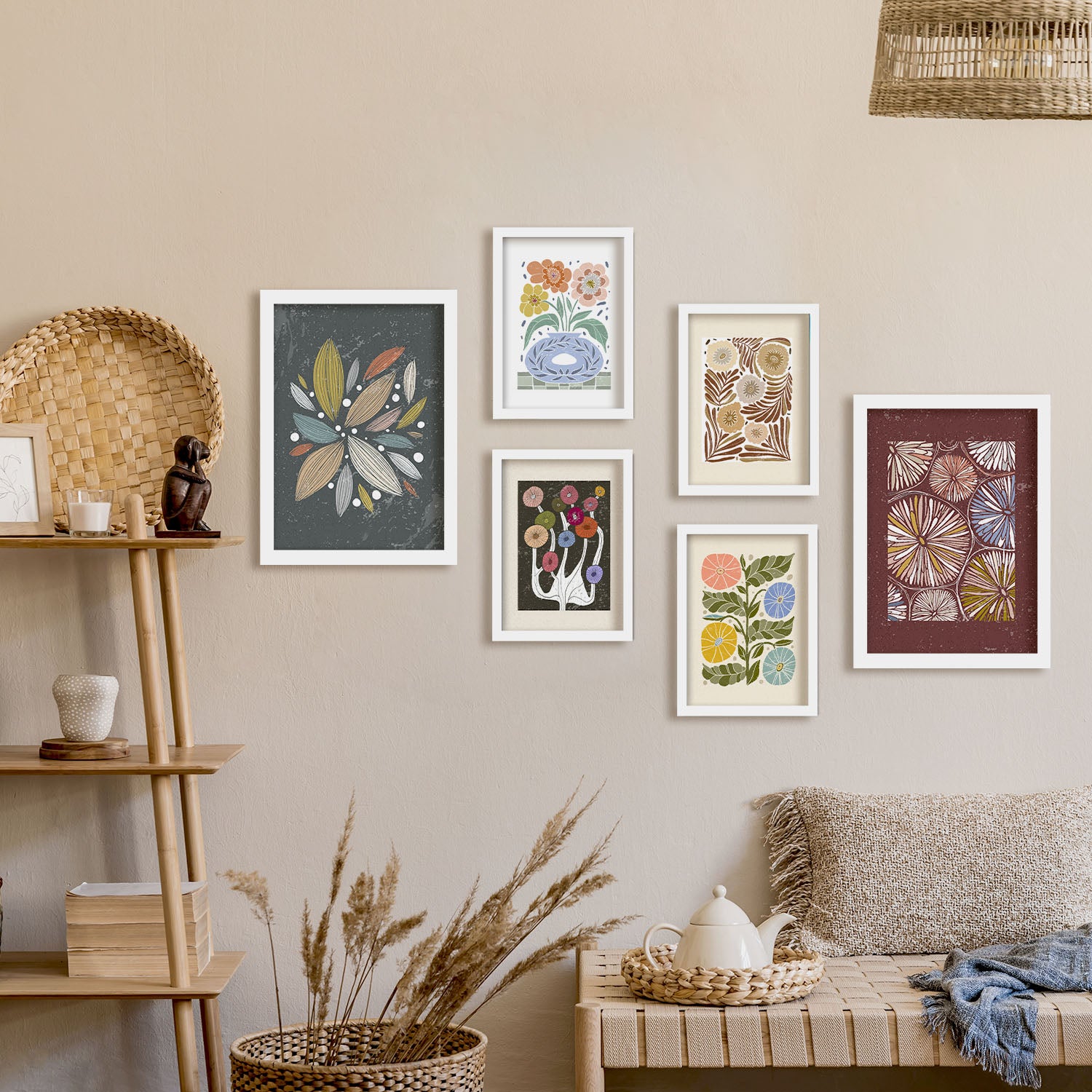 Nacnic Ensemble 6 Impressions De Floral De Style Ethnique Cadre Décoratifs Esthétiques Pour Votre Chambre Maison Impression A4 A3 Avec Des Cadre Blanc - 5