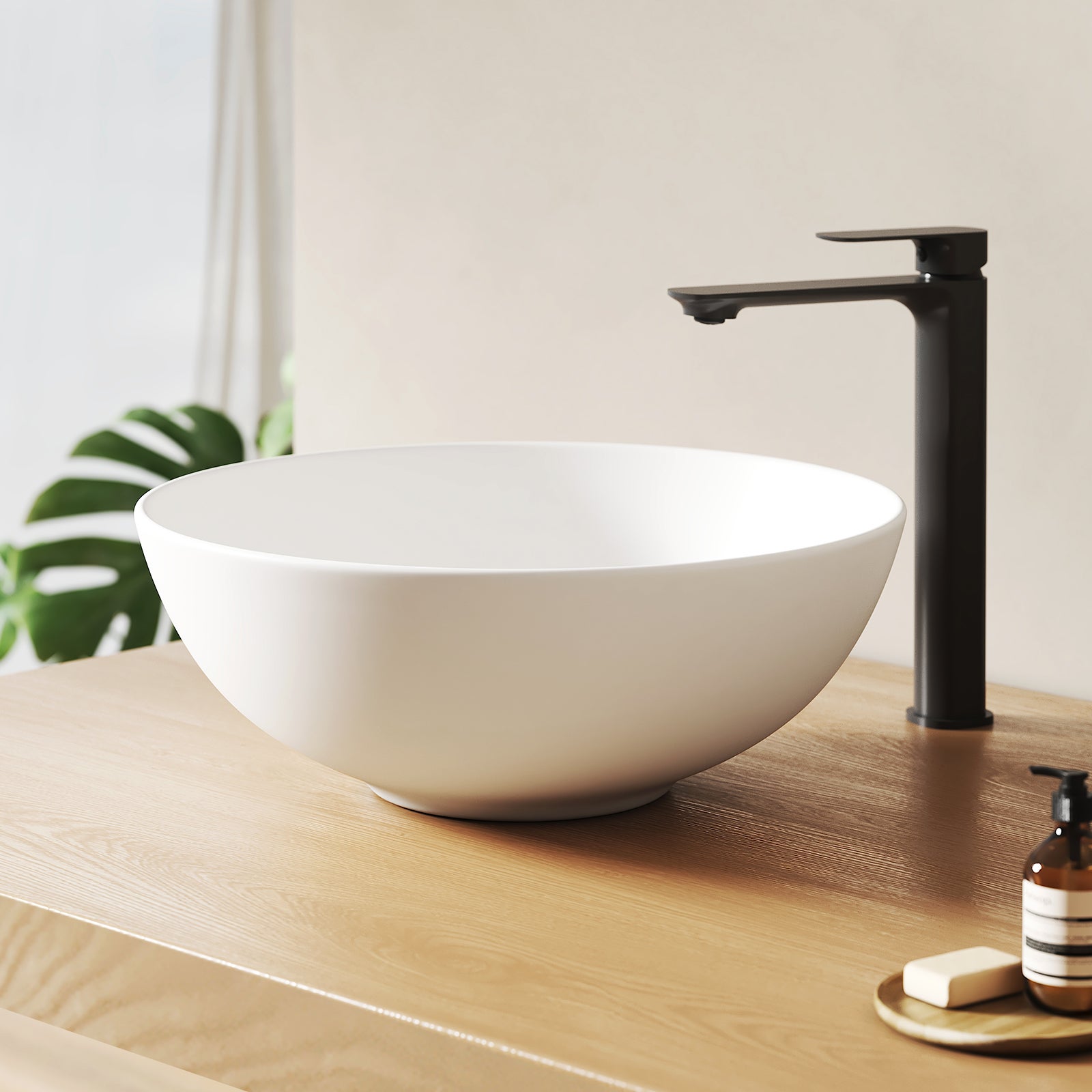 EMKE Okrągła Umywalka nablatowa 41.5x41.5x15.5 cm, Umywalka ceramiczna łazienkowa, montaż nablatowy, Matowa Biała